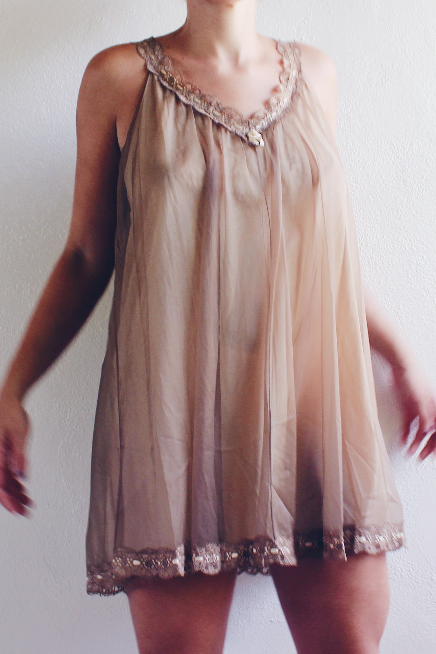 Whispering Lace Dreams: Vintage Chiffon Babydoll Slip with Layers of Romance