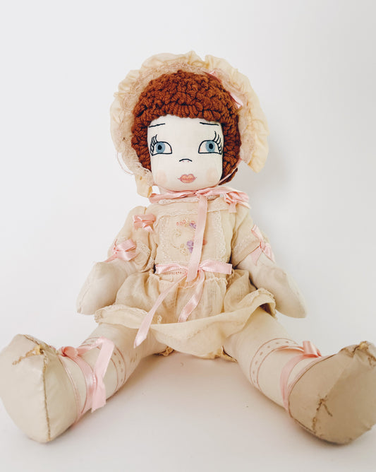 Antique Cloth Babydoll | Bonnet, Lace & Ribbon Dress | Coquette Cottagecore Vintage Doll Collectible