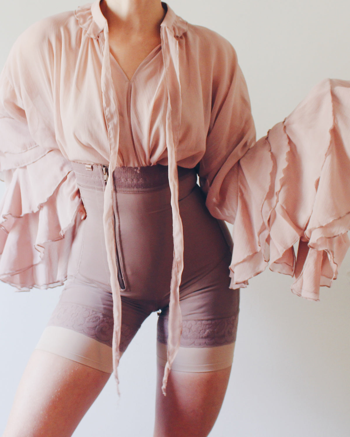 Mauve Layering Shapewear with Lace Lined Bottom, Asymmetrical Zipper, Under Bust, Detachable Straps, Soft Goth Accessory
