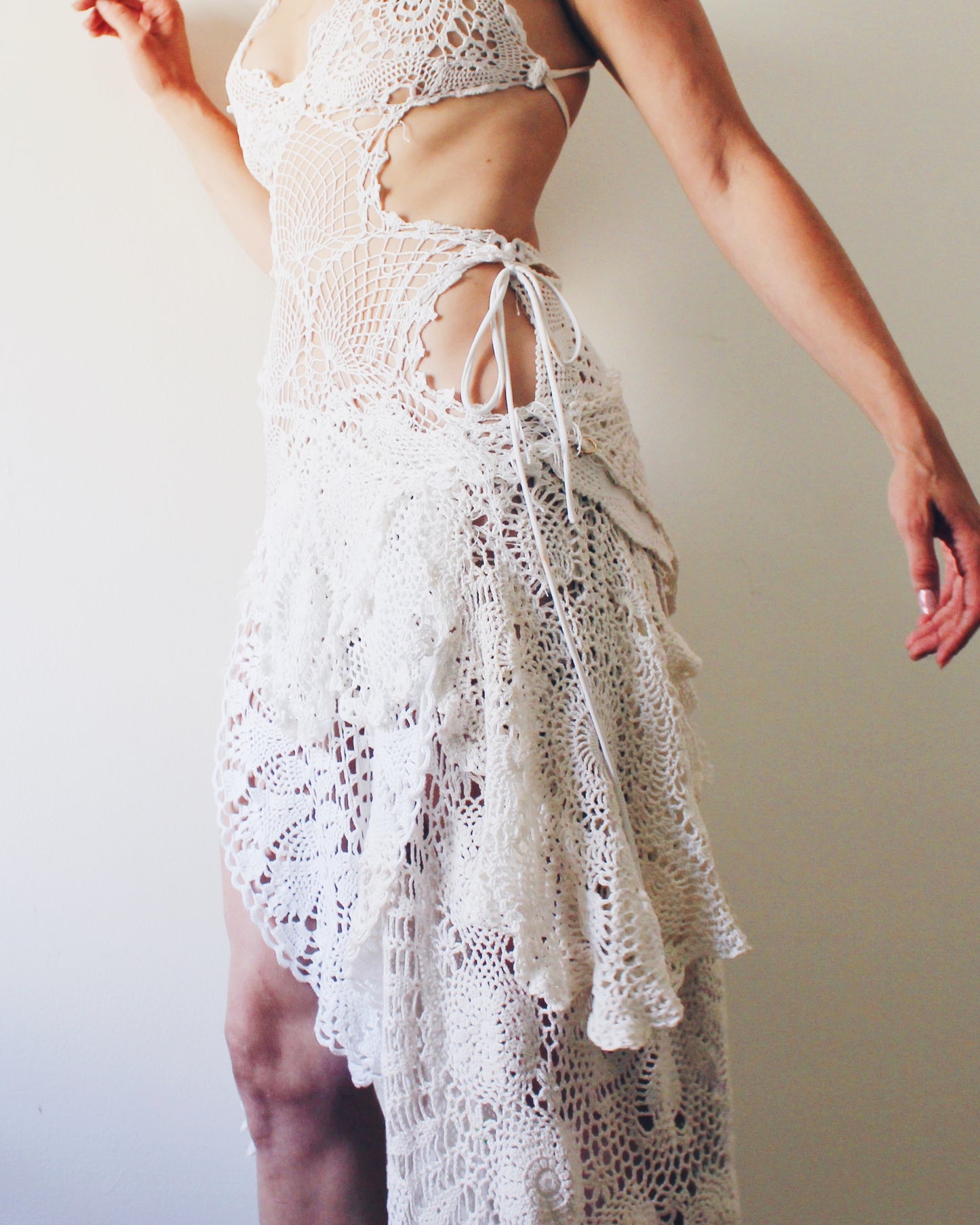 Upcycled Asymmetric Dress Made from Vintage Handmade Doilies - Ethereal Bohemian Style | One-of-a-Kind Statement Piece - festival Doily Gown