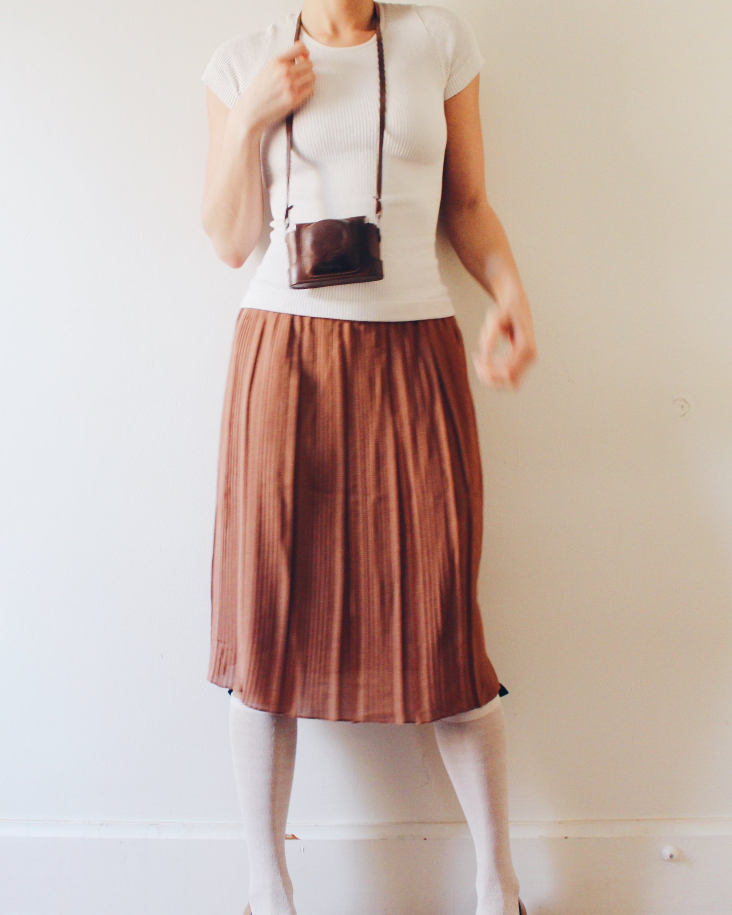 Vintage 1980s Brown Pleated Midi Skirt – Sheer Lightweight Layering Skirt, Retro Earth Tone