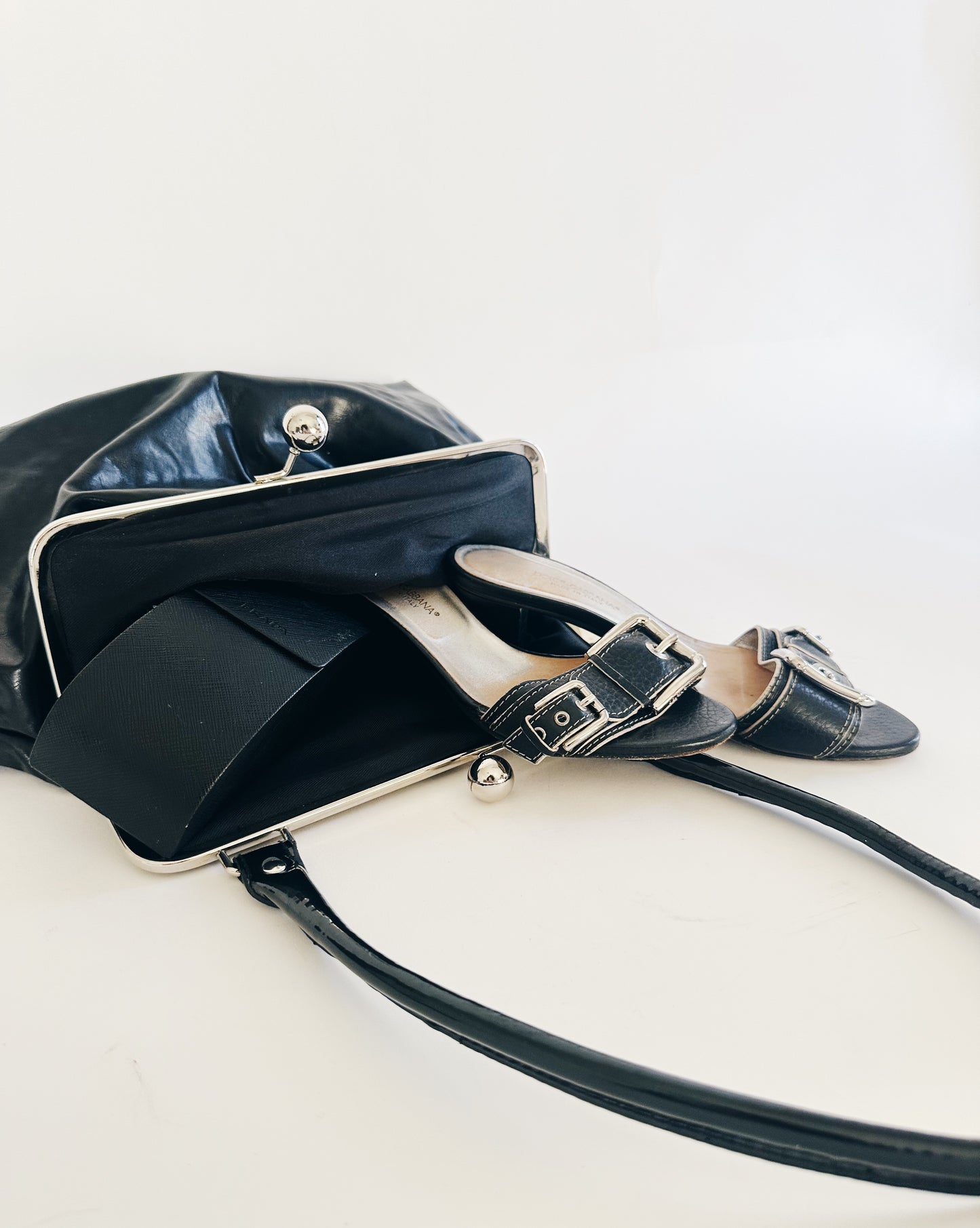 Vintage Dolce & Gabbana Kitten Heel Sandals – Black Leather Buckle Strap Y2K Designer Slip On Heels