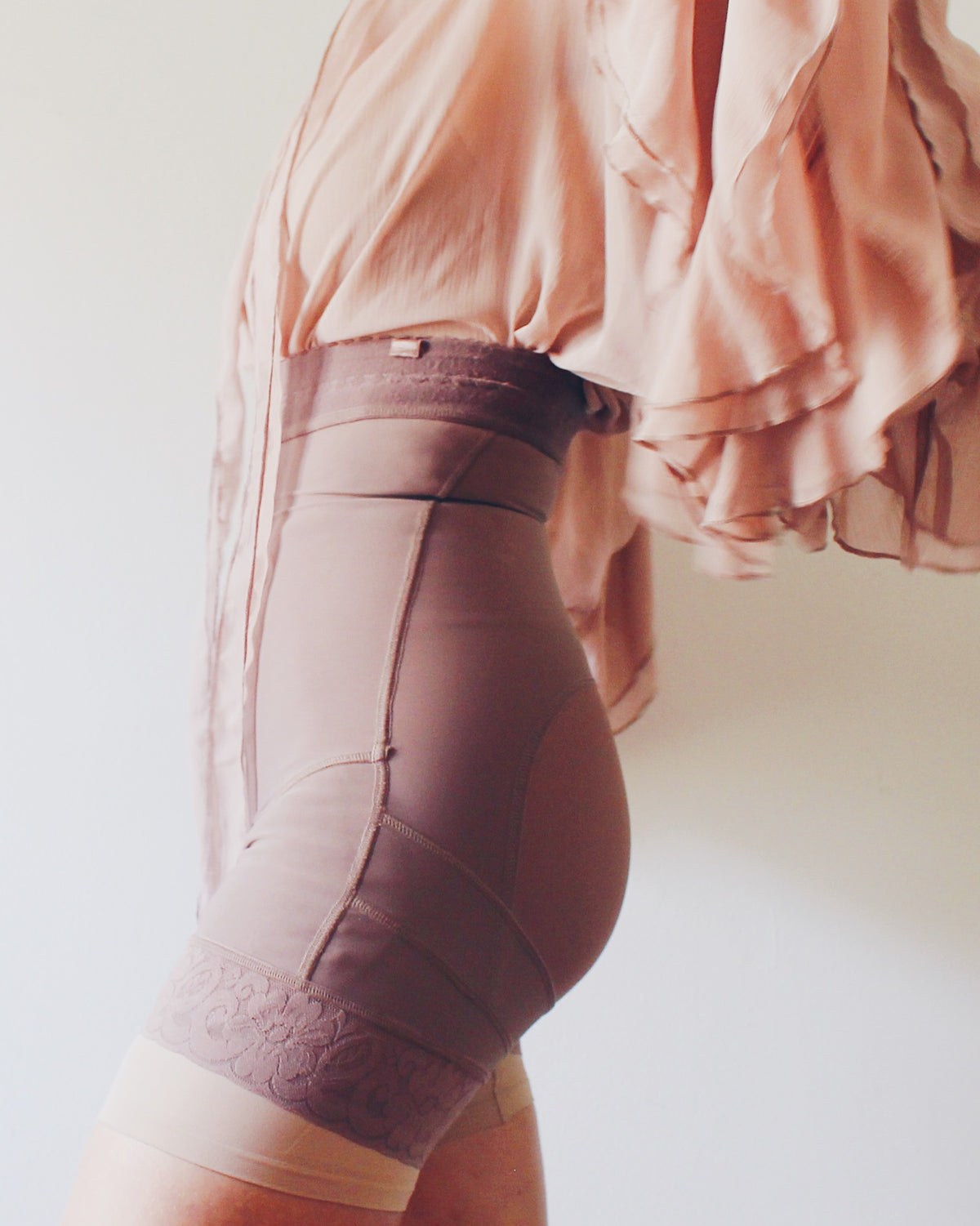 Mauve Layering Shapewear with Lace Lined Bottom, Asymmetrical Zipper, Under Bust, Detachable Straps, Soft Goth Accessory