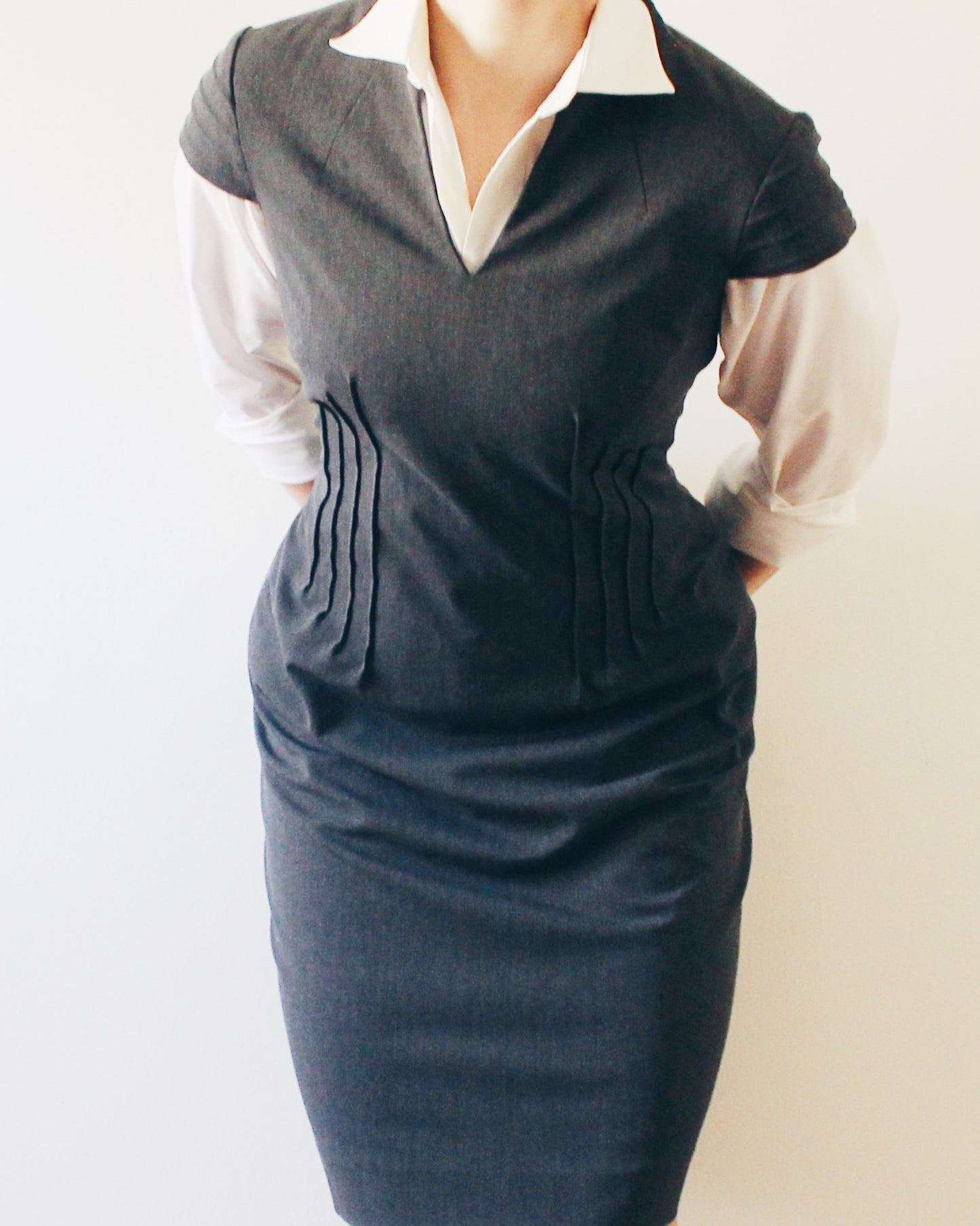 Office Layering Dress Gray Work Dress Professional Office Sheath Dress Short Sleeve Semi Formal Business Casual