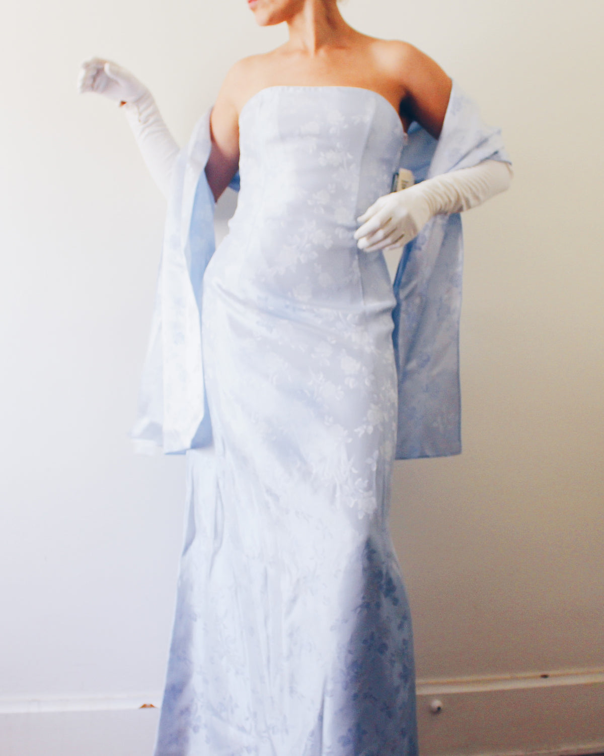 Deadstock Vintage Y2K Jessica McClintock Ice Blue Floral Formal Gown with Matching Wrap, Sleeveless Prom Dress