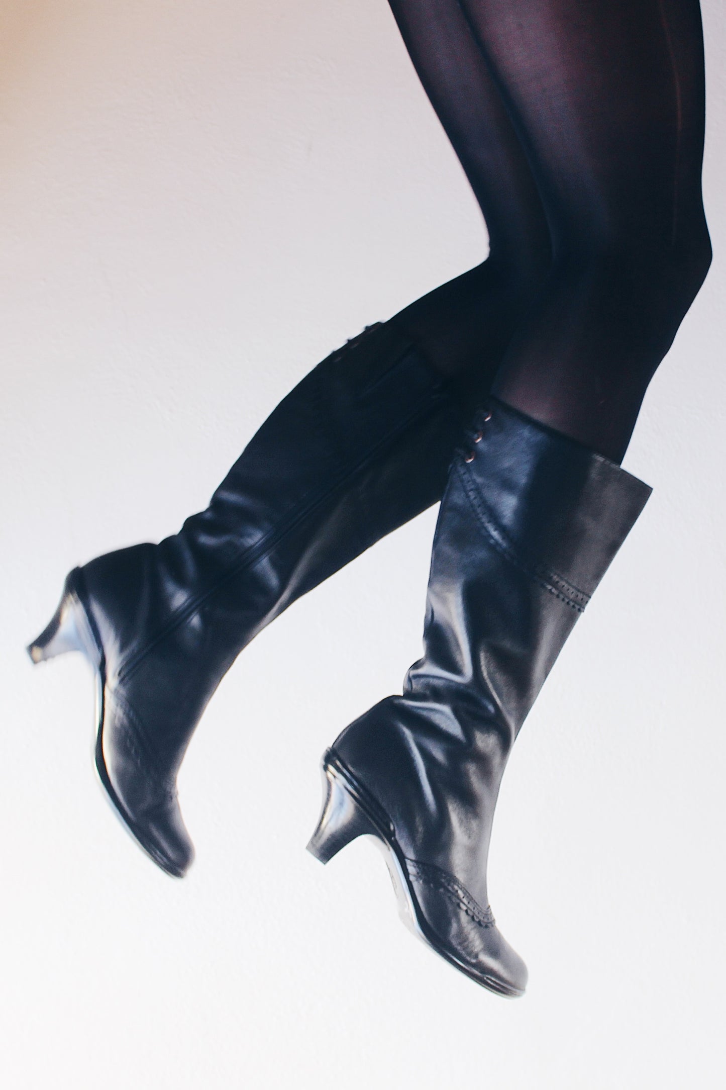 Kitten Heel Leather: Black Victorian Wingtip Boots - Calf-Length Librarian Chic