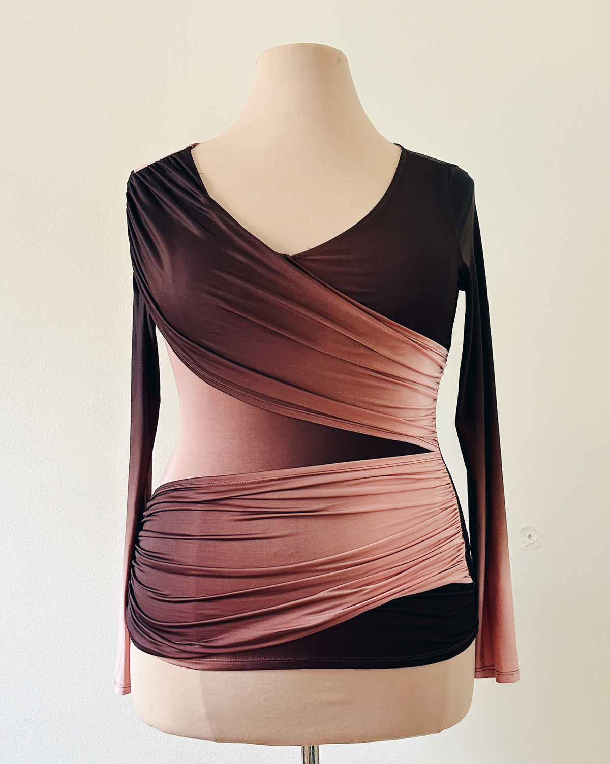 Vintage Y2K Venus Ombre Shirt, Asymmetric Long Sleeve Top, Plum to Peachy Rose Gradient, Layered Diagonal Statement Top