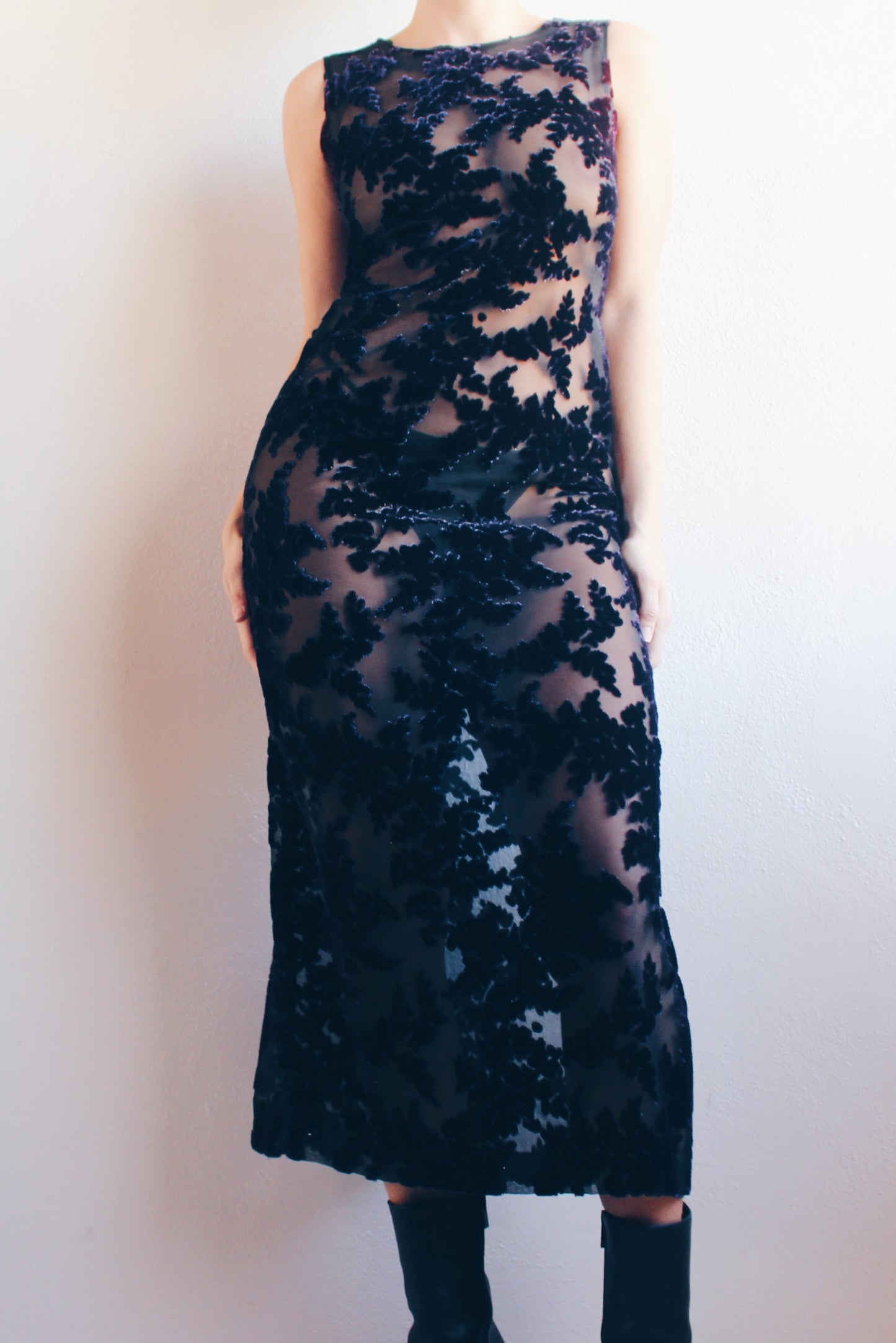 Gothic Elegance: Upcycled Sheer Long Dress with Dark Navy Velvet Florals for Burnout Bliss