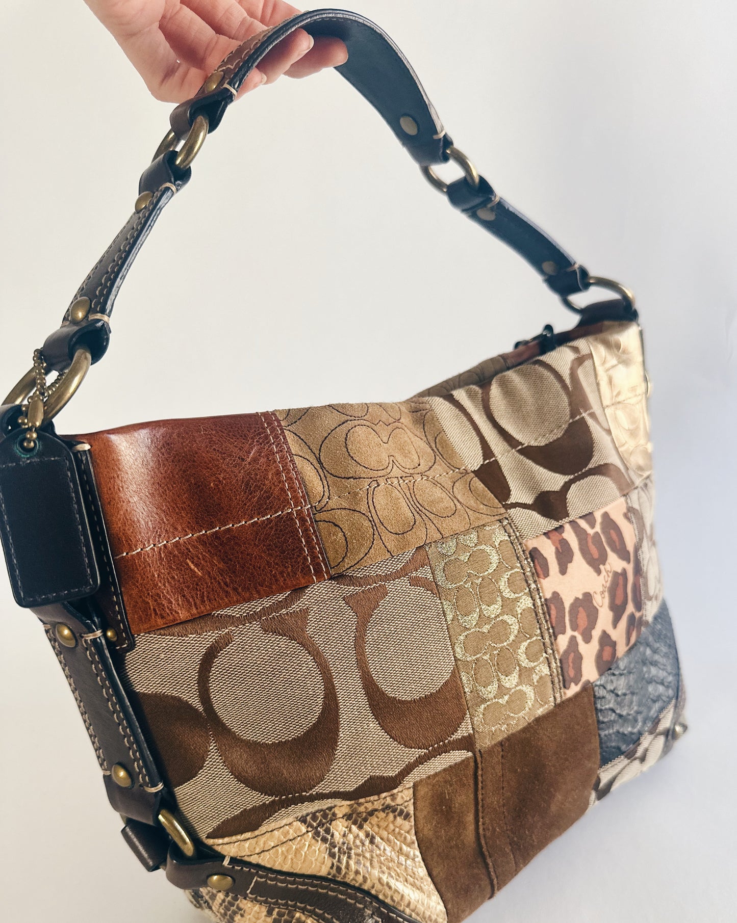Vintage Y2K Coach Brown Animal Print Patchwork Leather Purse – Legacy Carly Coach, Designer Statement Bag in Pristine Condition