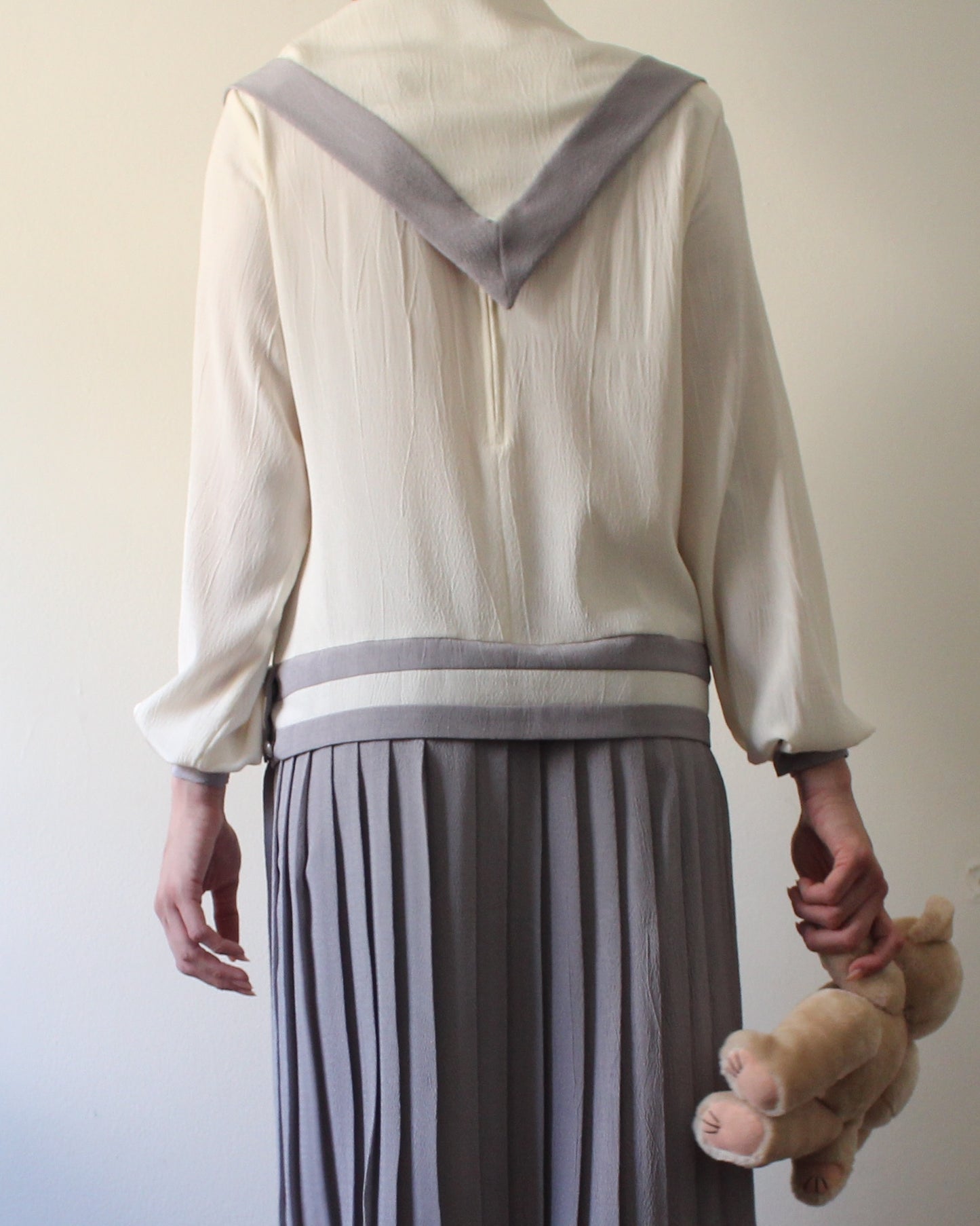 Vintage 1980s Nautical Sailor Dress | Cream Grey Drop Waist Pleated Midi | Scarf Tie Japanese Schoolgirl Preppy Mod Trends Jerrie Lurie