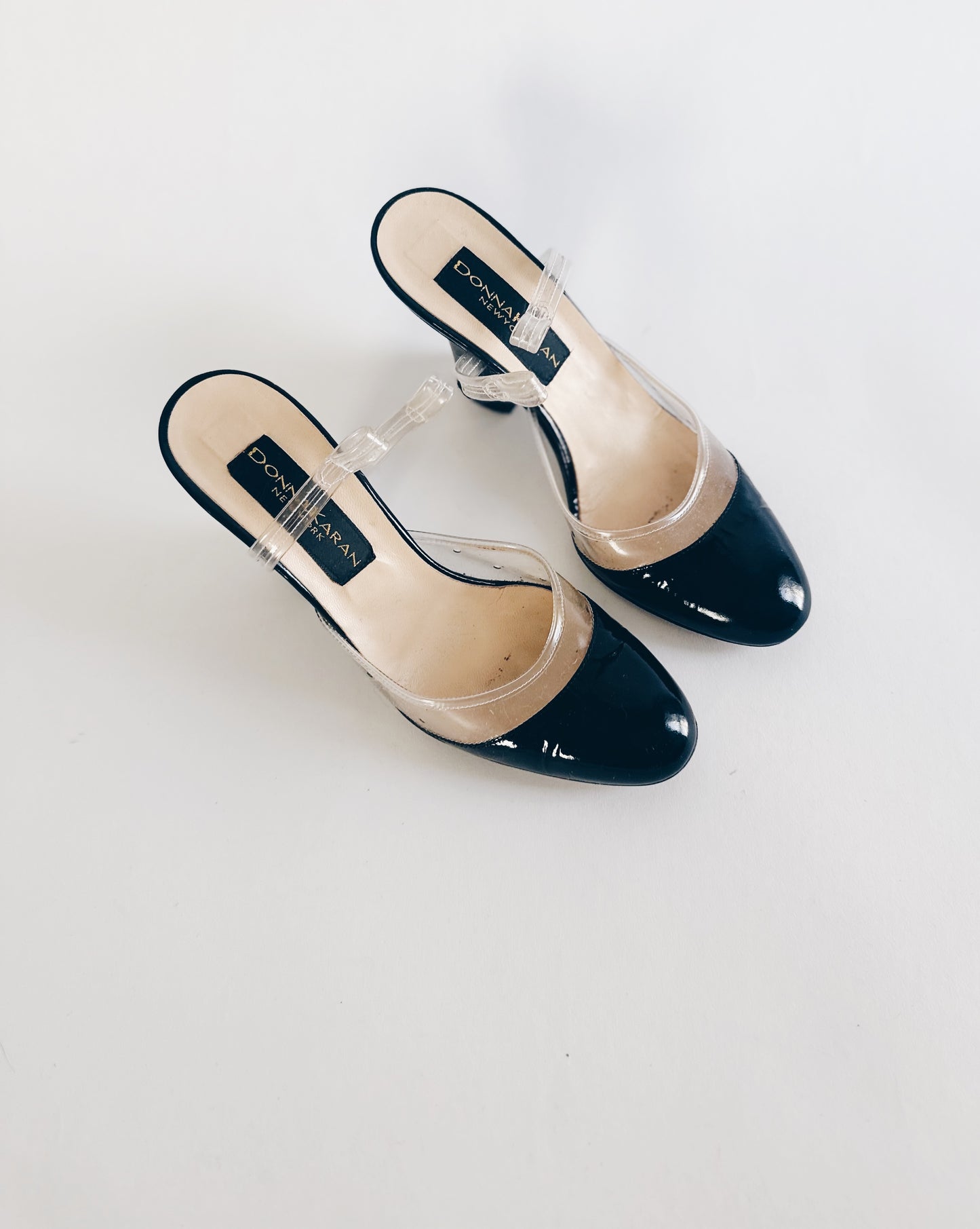 Vintage Donna Karan Cap Toe Heels – 90s Y2K Black Leather & Clear PVC Pumps | Detachable Ankle Strap Designer Shoes