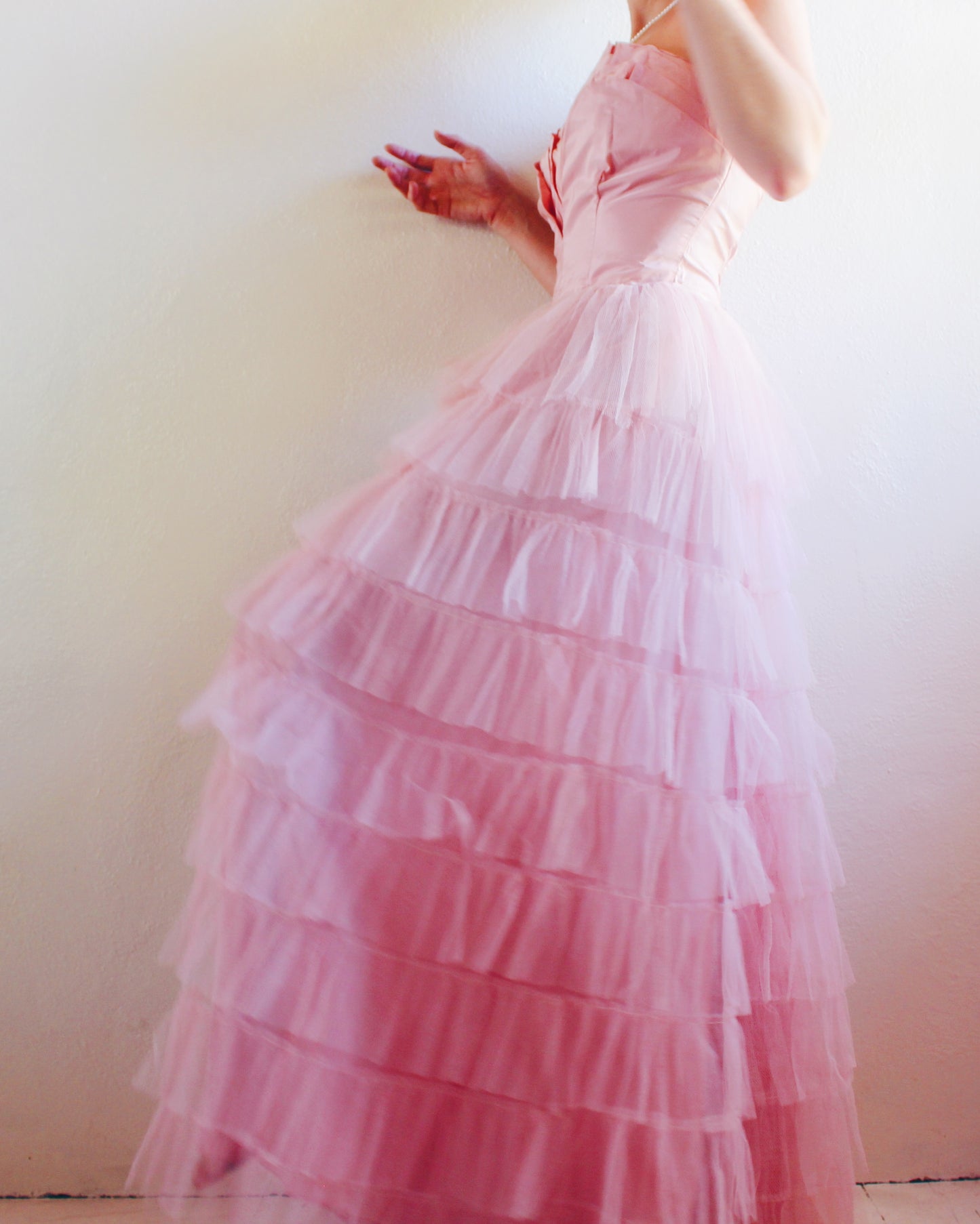 Vintage 1960s Coquette Pink Tiered Tulle Gown – Strapless Bombshell Prom Dress | Ultra-Girlie Princess Statement Piece