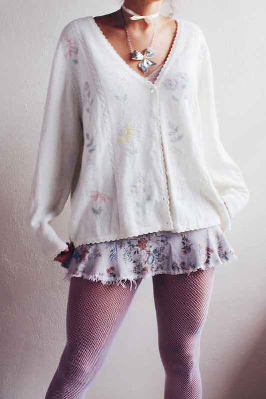 Vintage Cream Knit Floral Granny Cardigan | 1980s Retro Flower Sweater | Cozy Grandma Chic