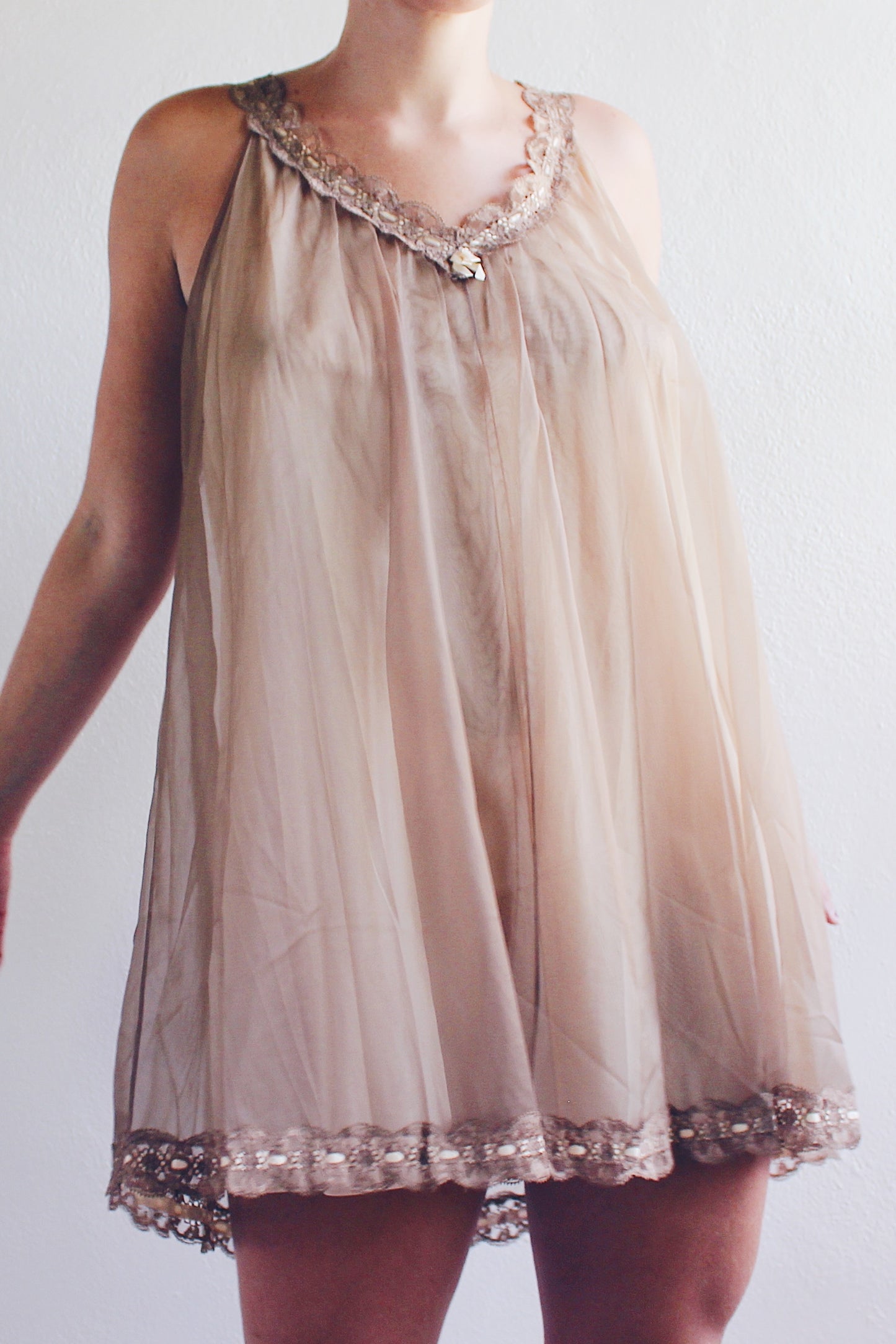 Whispering Lace Dreams: Vintage Chiffon Babydoll Slip with Layers of Romance