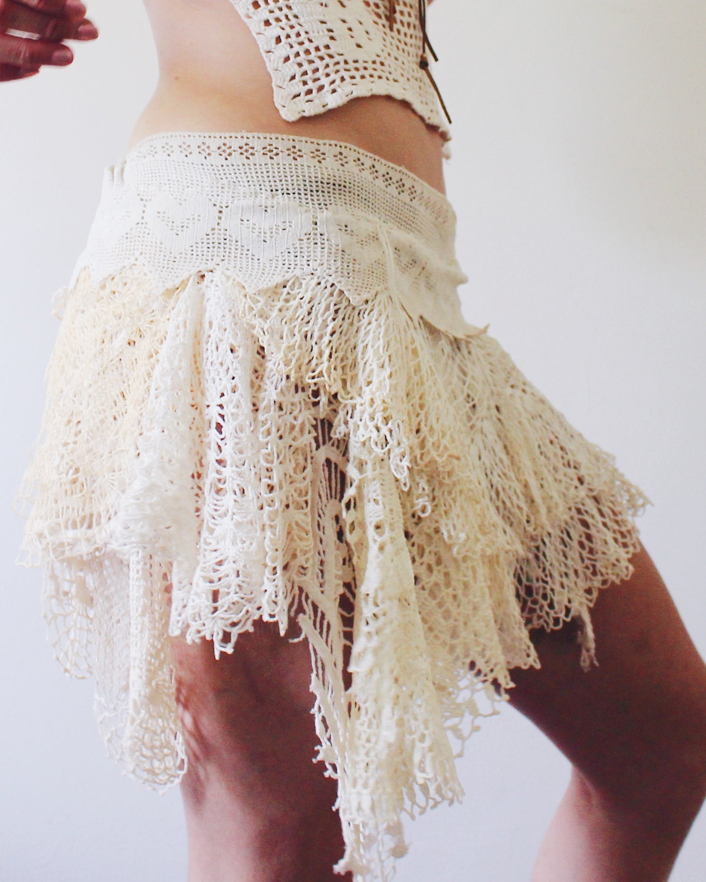 Upcycled Vintage Doily Mini Skirt | Drop Waist Y2K Boho Style | Handmade Eclectic Lace Skirt