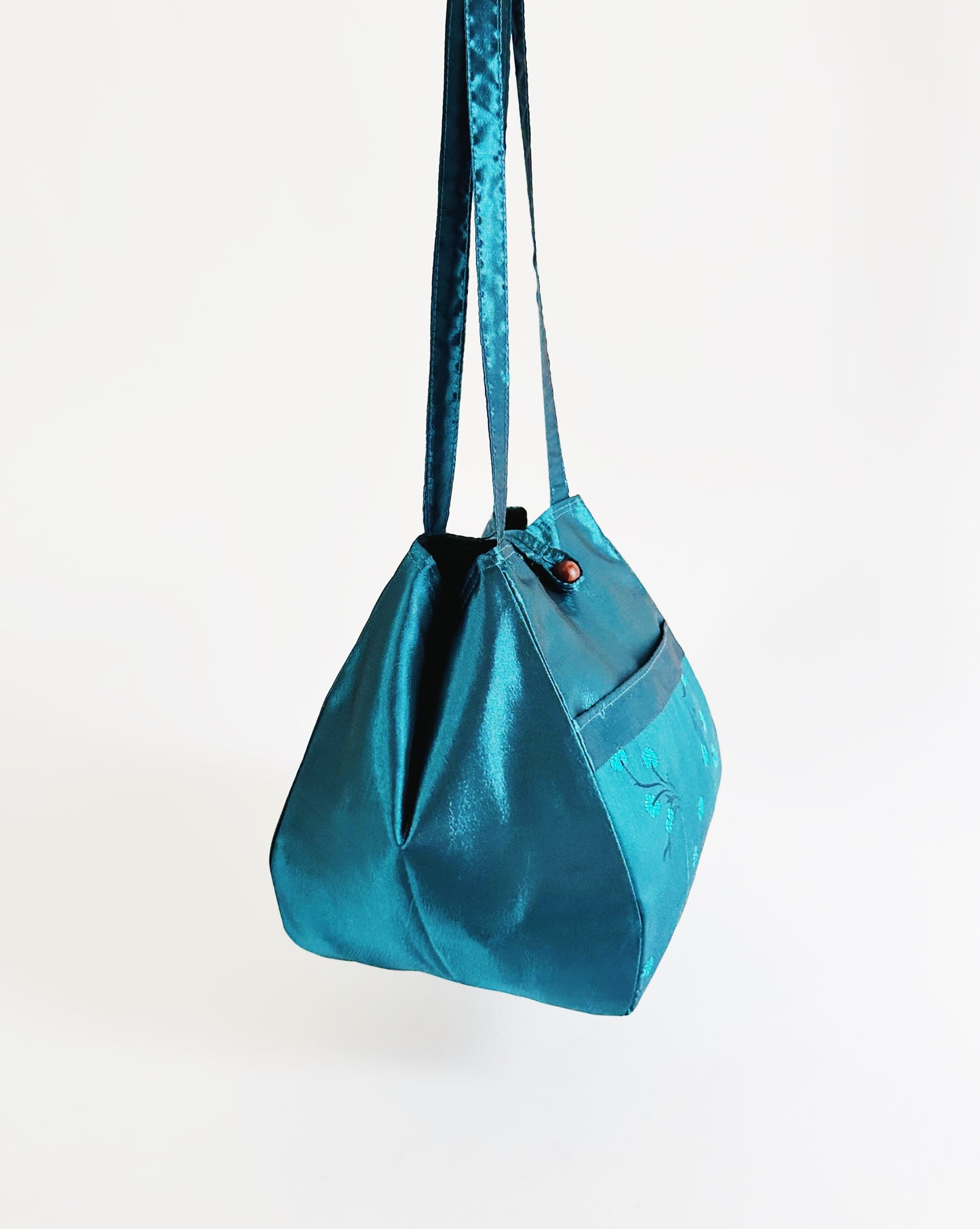 Teal Geometric Teardrop Purse – East Asian Botanical Print Statement Bag