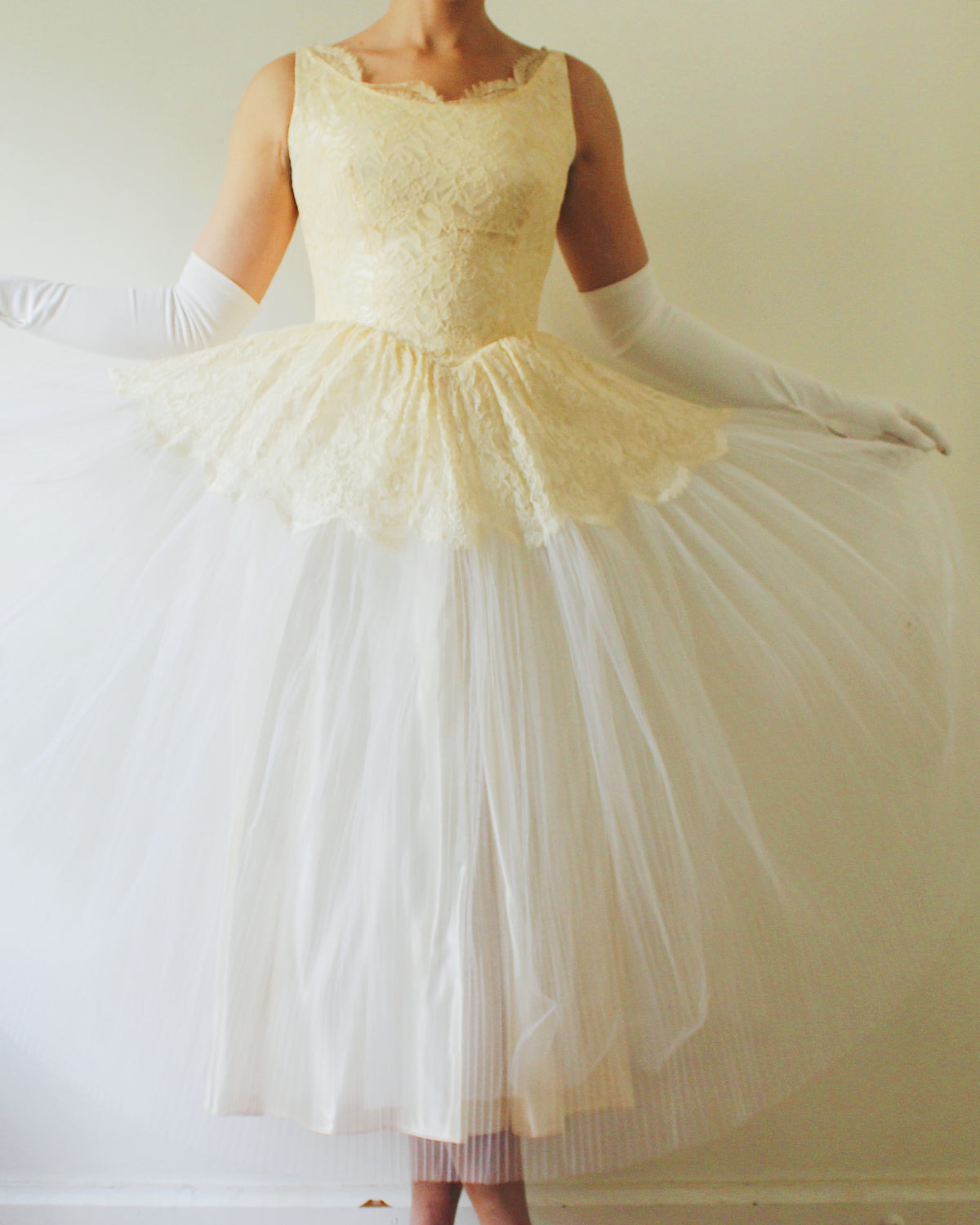 Vintage Ethereal Coquette Lace Midi Wedding Dress, Sleeveless Drop Waist, Cream Lace Bodice, Flared Micro Pleated Mesh Skirt