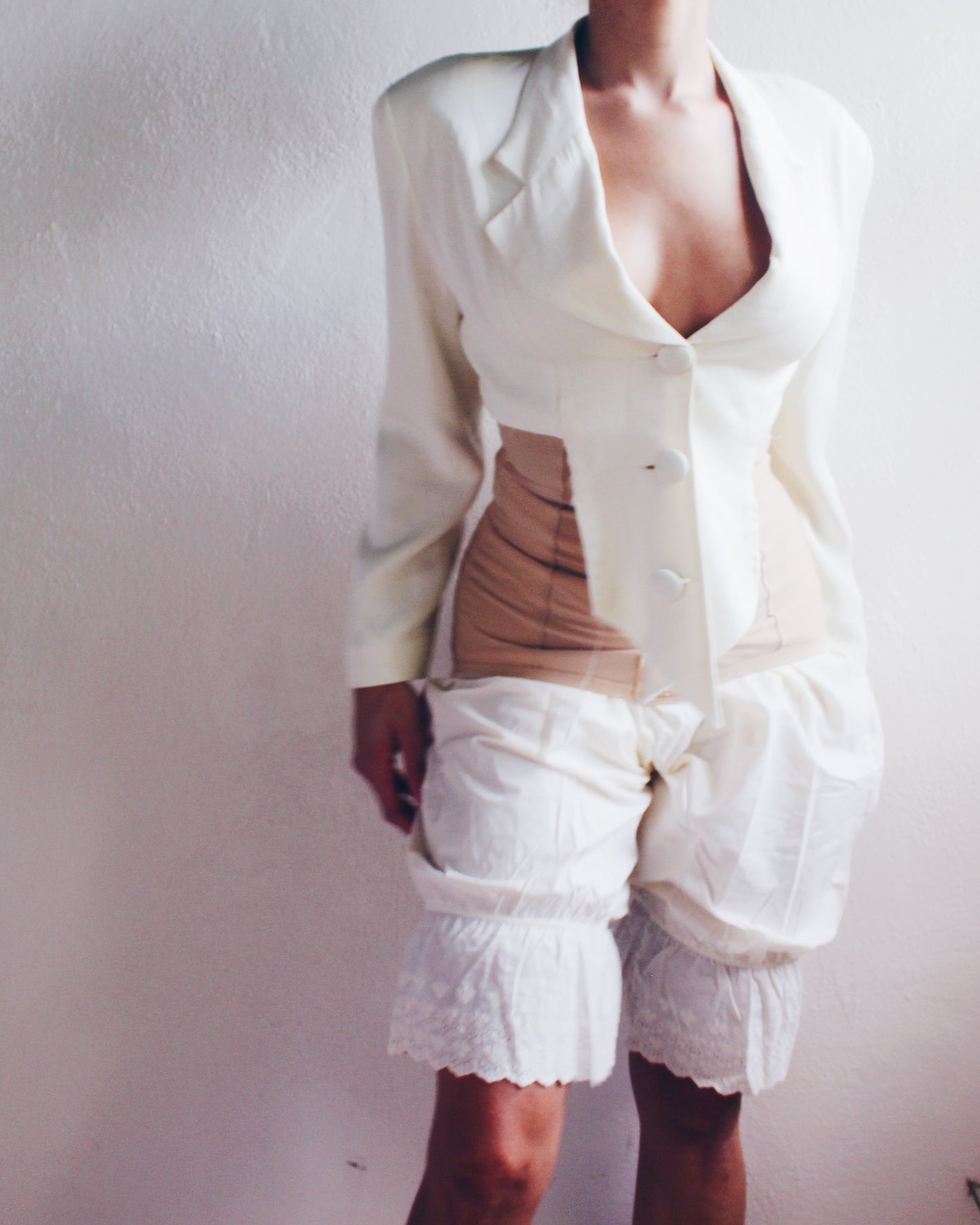 Upcycled Abstract Cropped Cream Vintage Blazer - Minimalist Corporate Officecore Grunge Style