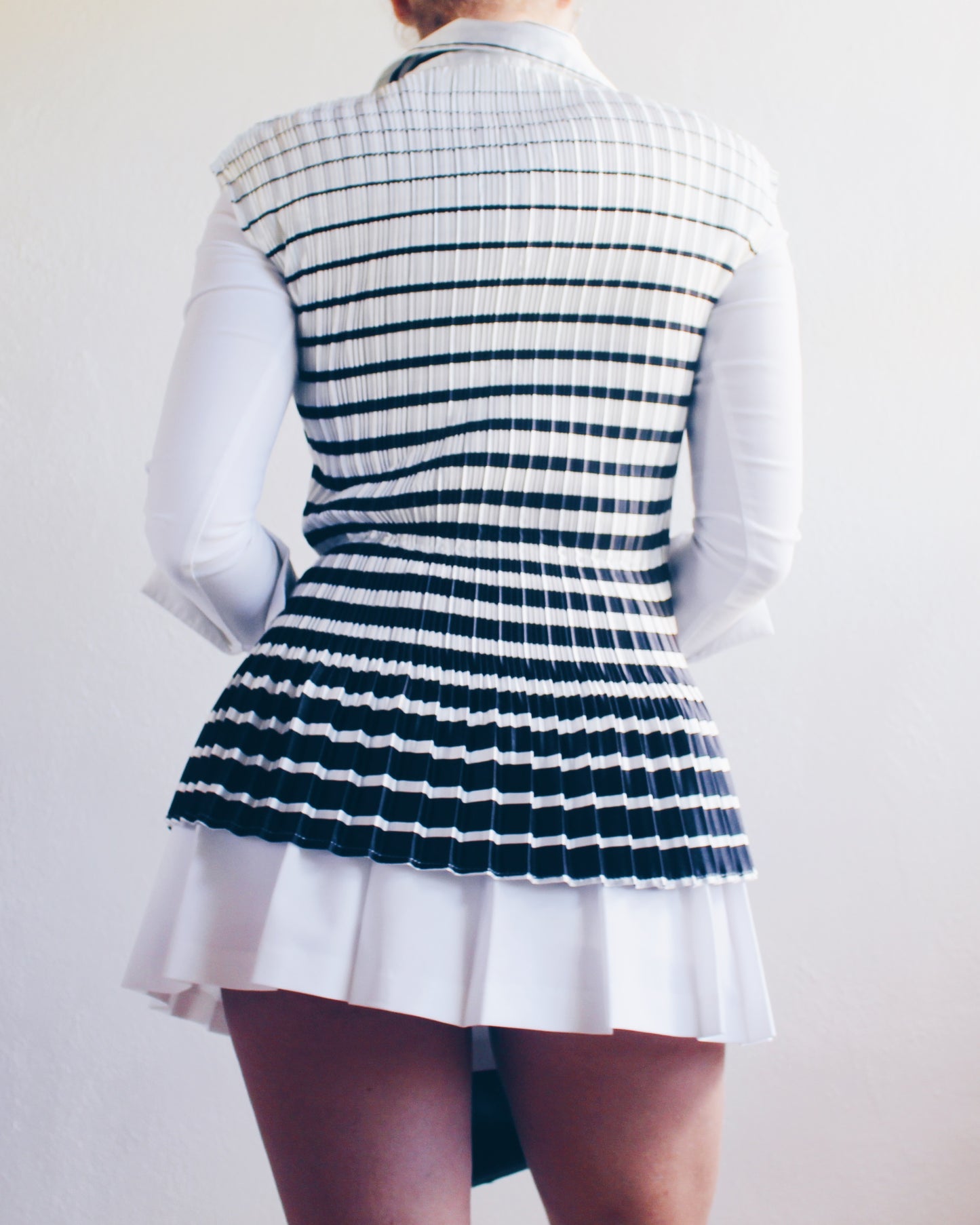 Striped Black and White Pleated Shirt with Collar – Micro Pleats Inspired by Issey Miyake | Chic Office Wear
