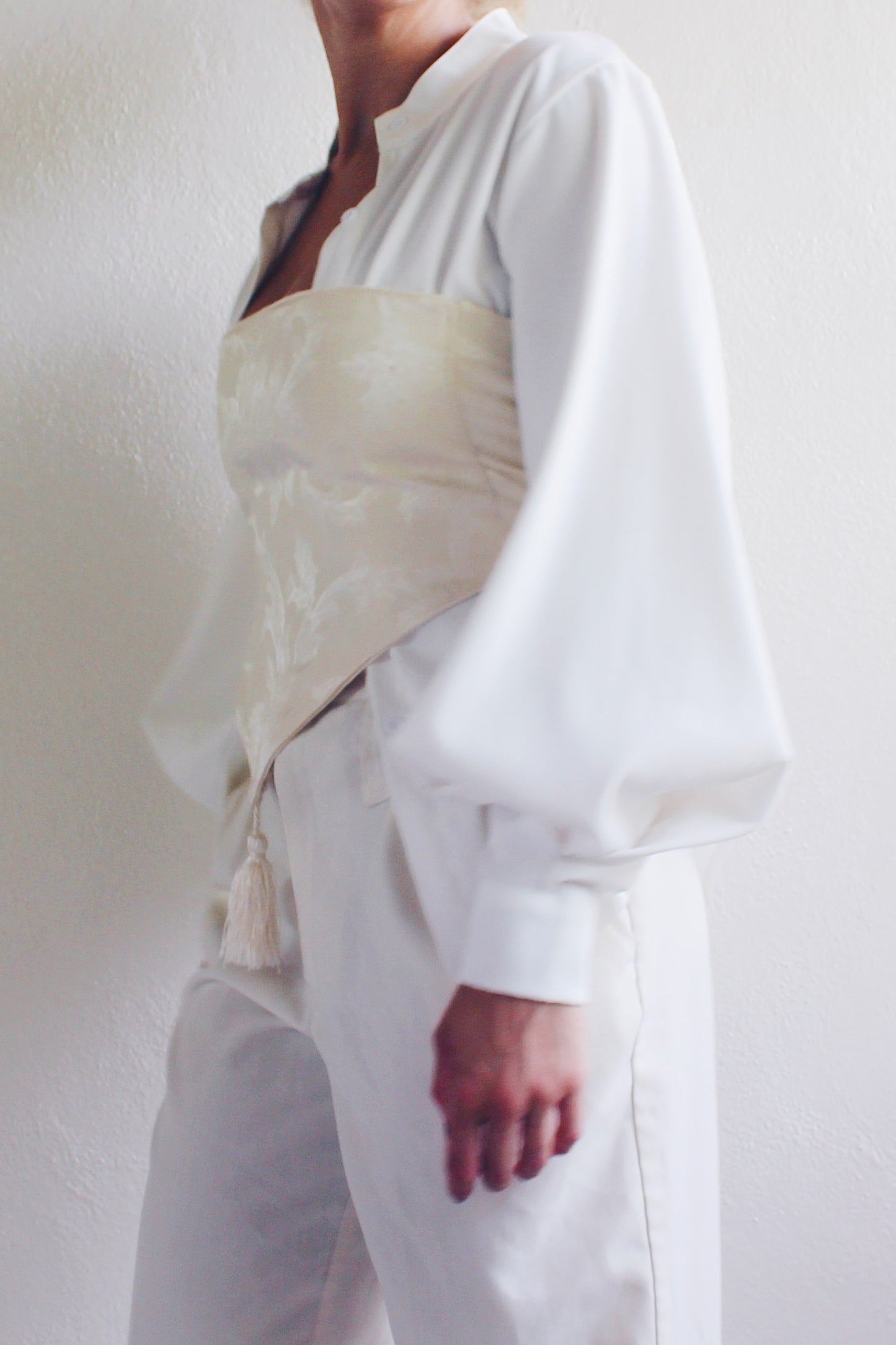 White Pleated Sleeve Blouse / Wide sleeve minimalist tunic /