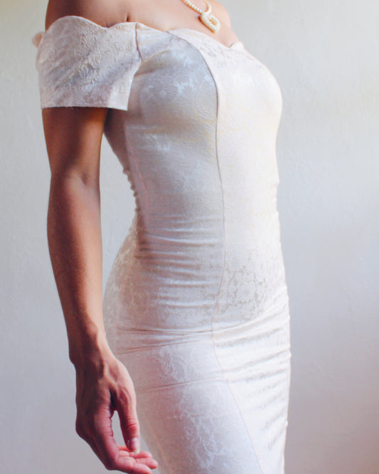 Vintage 1980s Pearl Pink Off-Shoulder Bodycon Dress – Coquette Girly Party Look | Romantic Occasionwear