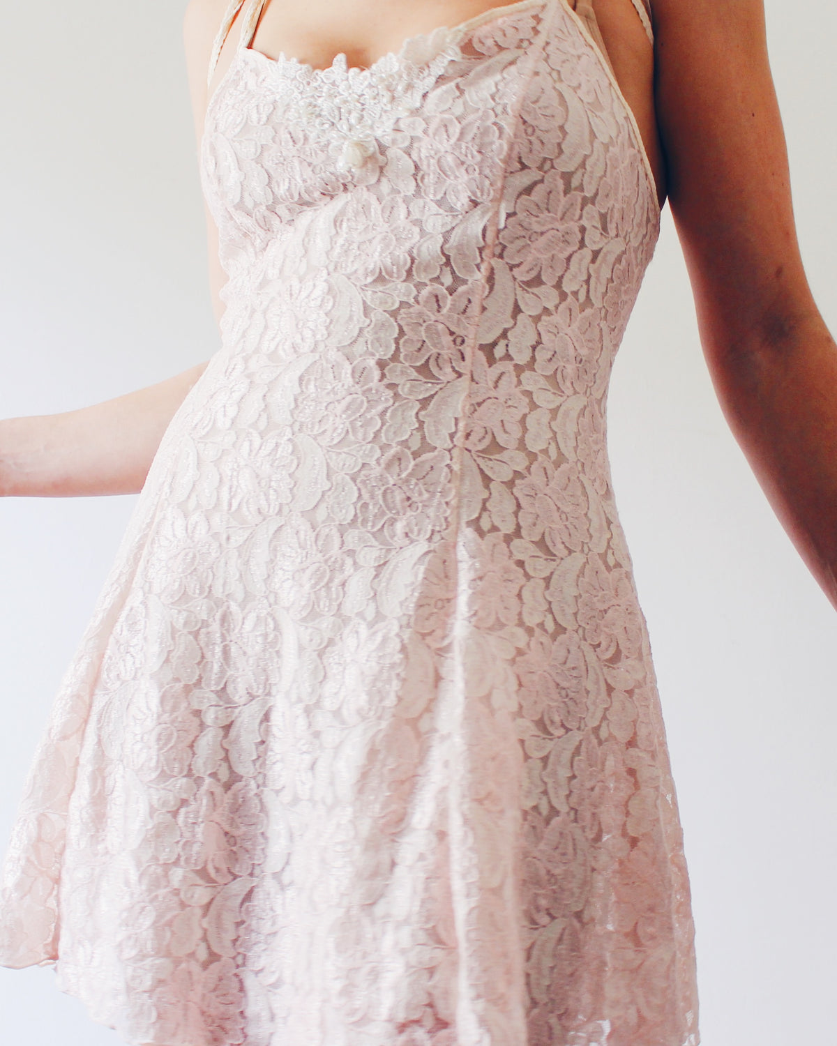 Soft Pink Lace Coquette Slip with Pearl Bead Lace Bust Adornment, Romantic Intimate Slip Dress, Flattering Coquette Lingerie