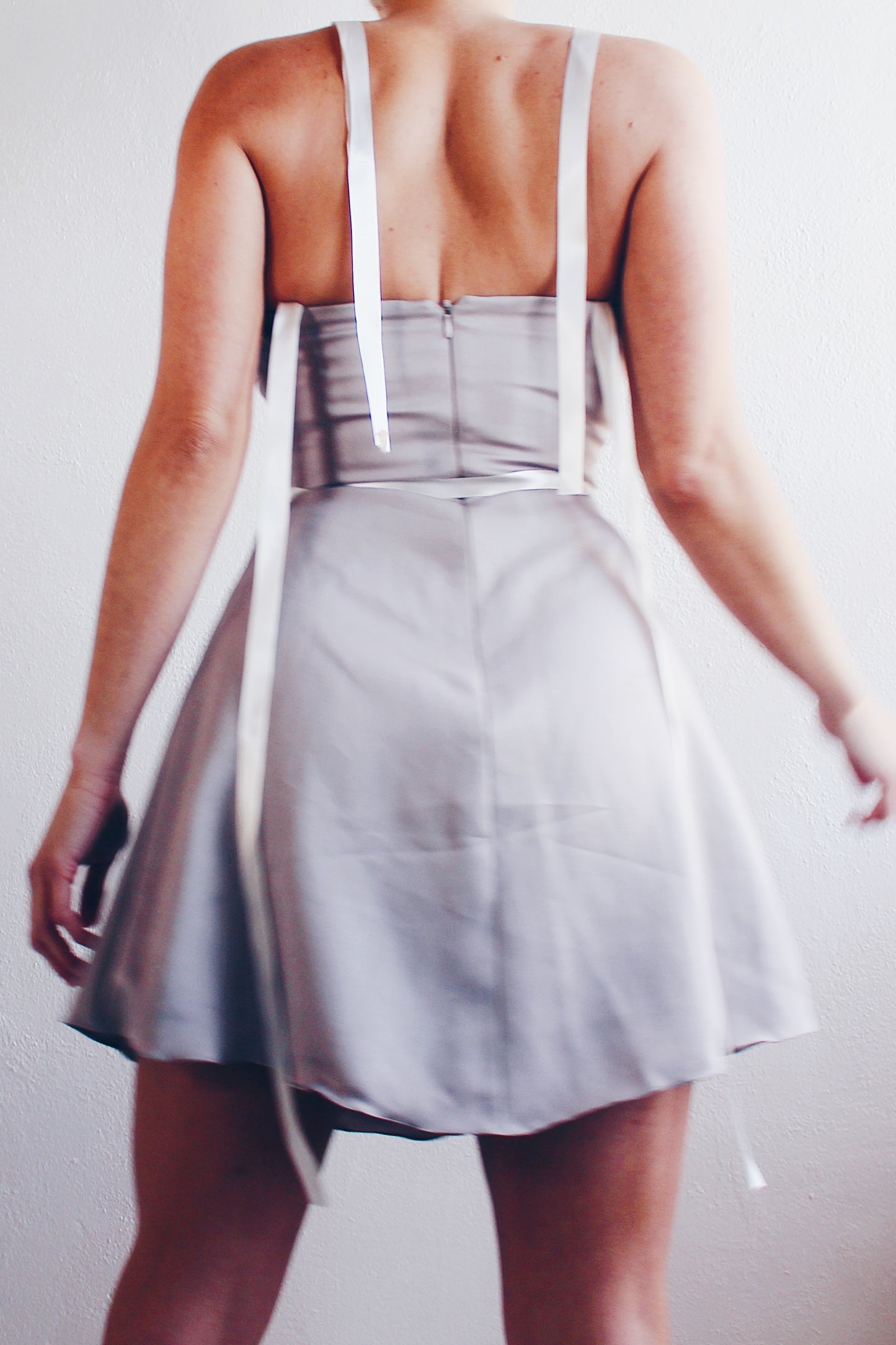 Vintage Chic Khaki-Grey Mini Dress - Form-Flattering Elegance with Upcycled Ribbon Details