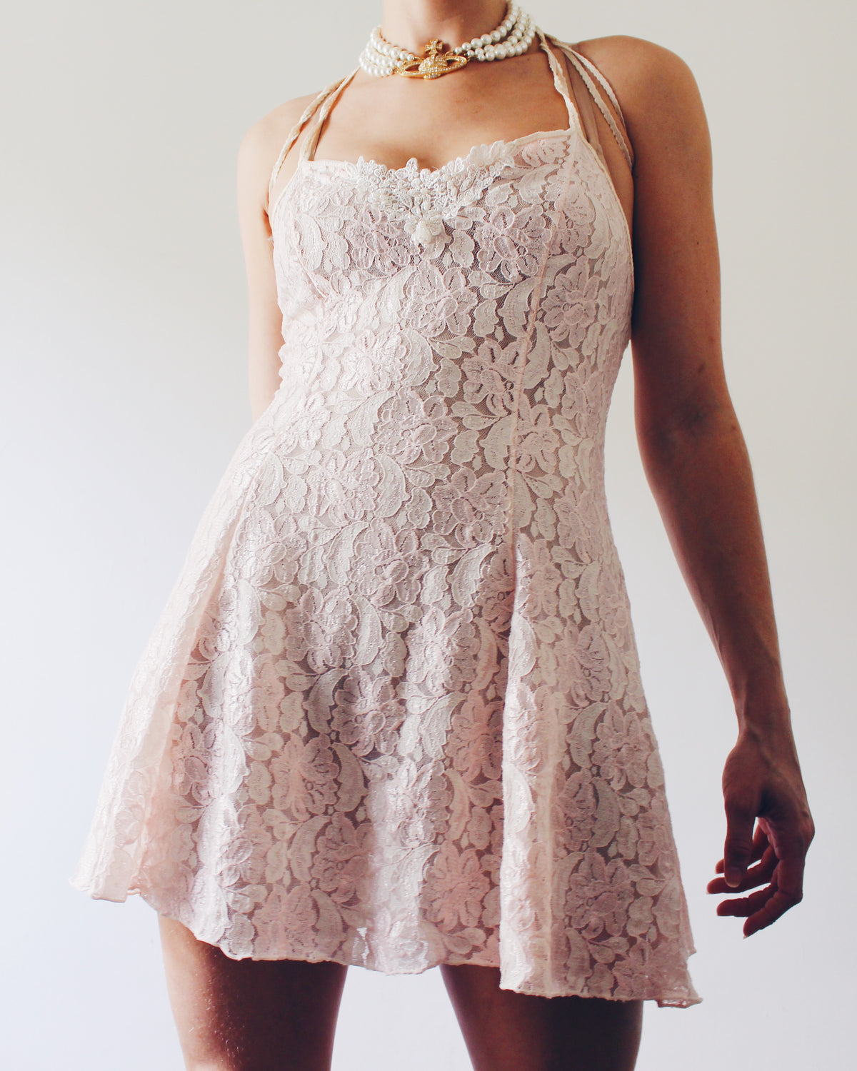 Soft Pink Lace Coquette Slip with Pearl Bead Lace Bust Adornment, Romantic Intimate Slip Dress, Flattering Coquette Lingerie