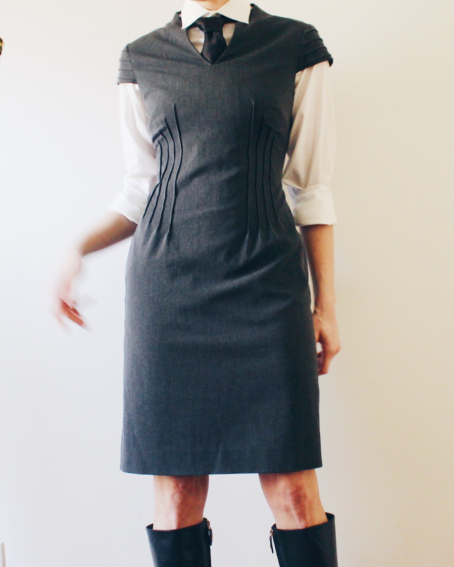 Office Layering Dress Gray Work Dress Professional Office Sheath Dress Short Sleeve Semi Formal Business Casual