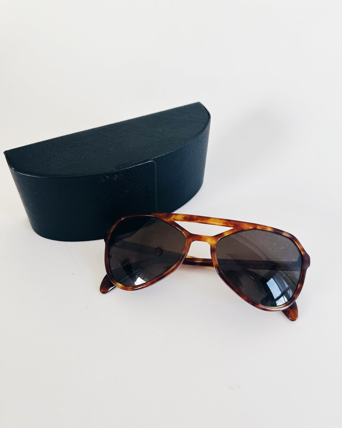 Vintage Prada Tortoise Shell Sunglasses – 70s Inspired Brown Designer Shades with Leather Case