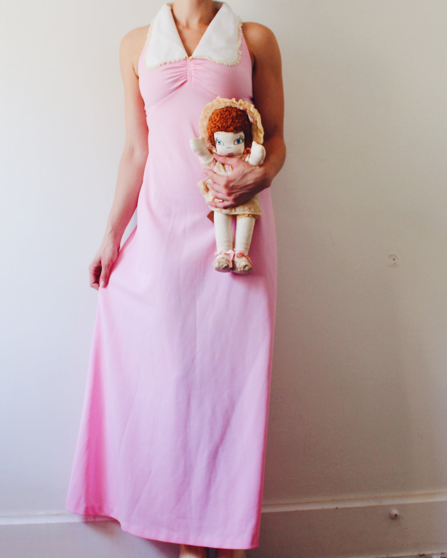 Vintage 1970s Handmade Pink Dress S | Peter Pan Collar Empire Waist | Moonrise Kingdom Wes Anderson Aesthetic | Retro Cottagecore Sleeveless