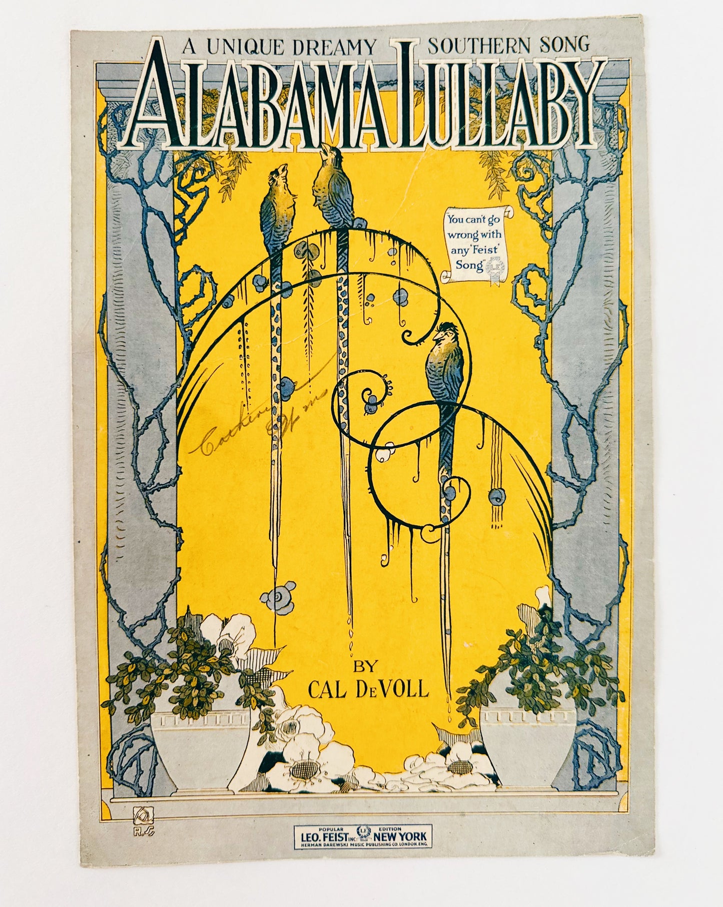 Antique Sheet Music "Alabama Lullaby" Cal DeVoll | Art Deco Bird Wall Art | 1920s Yellow Blue Illustration Decor