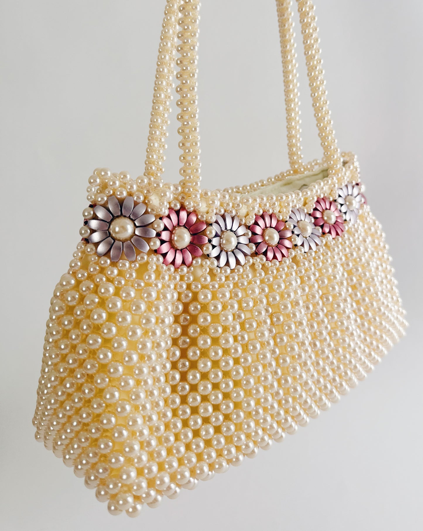 Vintage 70s Pearl Beaded Purse – Floral Detail Structured Clutch Spring Easter Bag