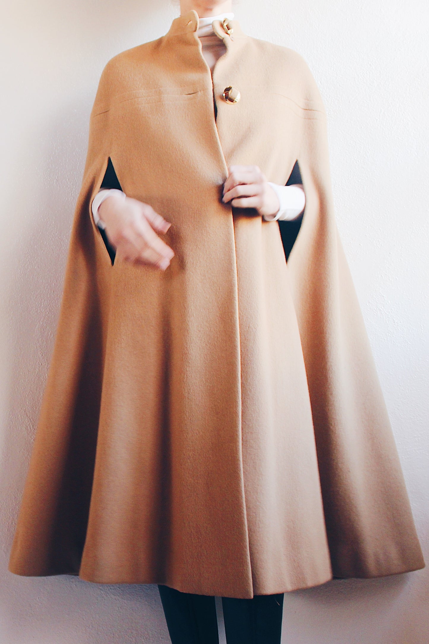 Timeless Chic: 1960s Wool Tan Cloak with Arm Slits - Vintage Elegance