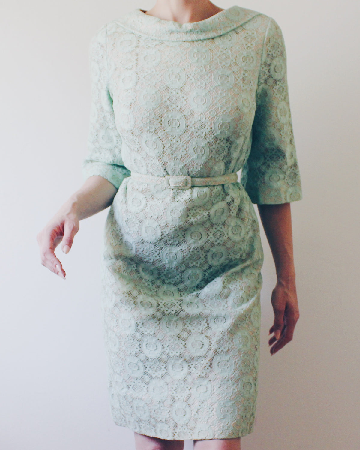 Vintage Blakely Fashions Mint Green Lace Dress S | Handmade 60s Mod Shift Dress with Belt | Retro Coquette Bracelet Sleeve Cocktail