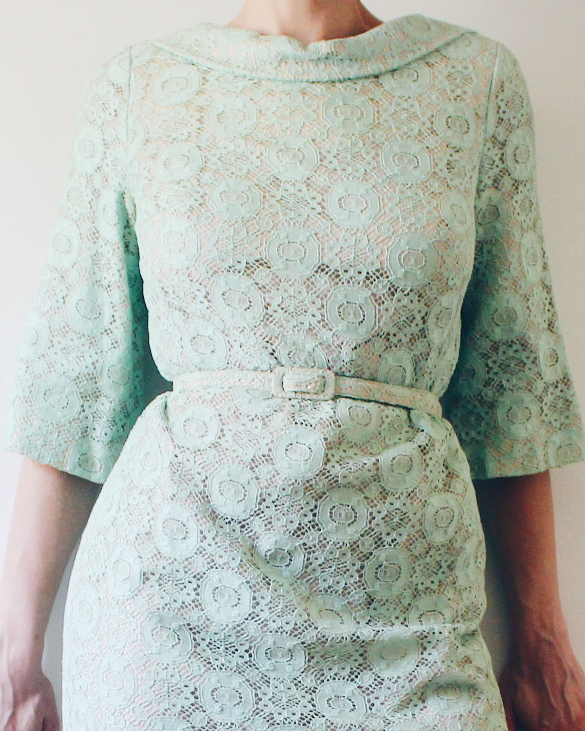 Vintage Blakely Fashions Mint Green Lace Dress S | Handmade 60s Mod Shift Dress with Belt | Retro Coquette Bracelet Sleeve Cocktail