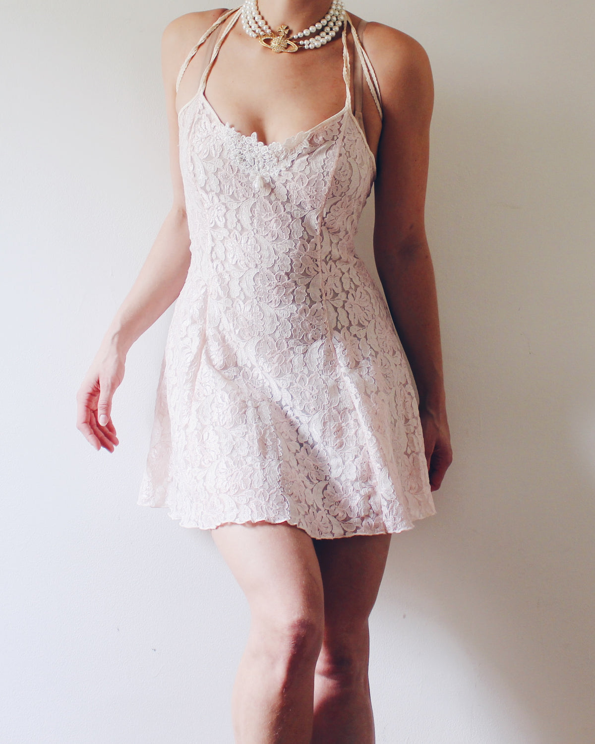 Soft Pink Lace Coquette Slip with Pearl Bead Lace Bust Adornment, Romantic Intimate Slip Dress, Flattering Coquette Lingerie