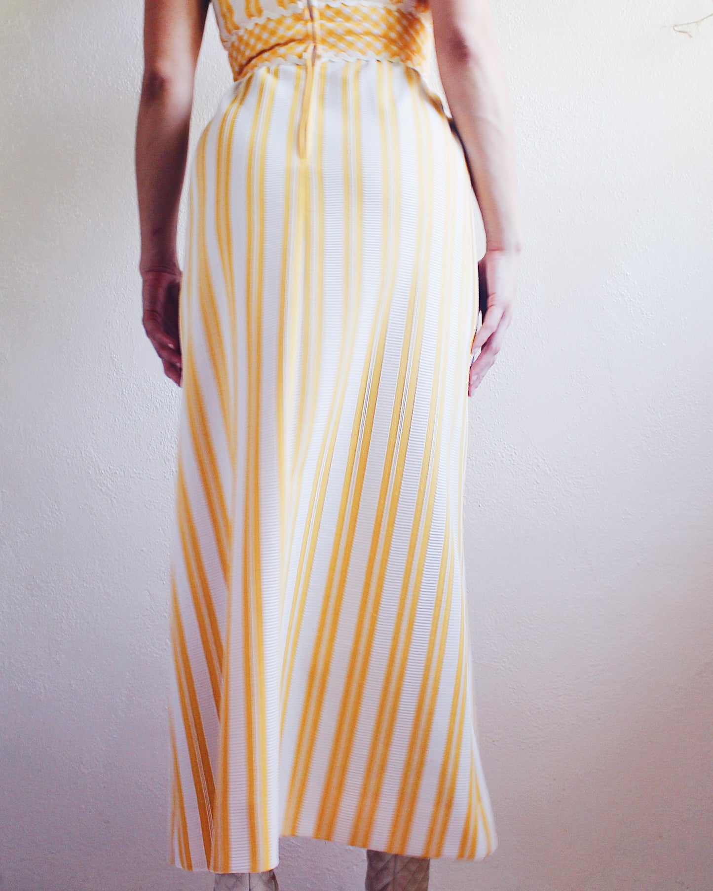 Vintage 1970s Ruth Norman Yellow and White Checked & Striped Long Dress - Americana Coquette Style | Perfect for Summer parties