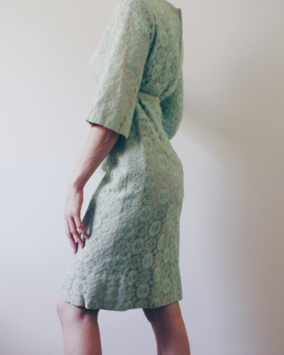 Vintage Blakely Fashions Mint Green Lace Dress S | Handmade 60s Mod Shift Dress with Belt | Retro Coquette Bracelet Sleeve Cocktail