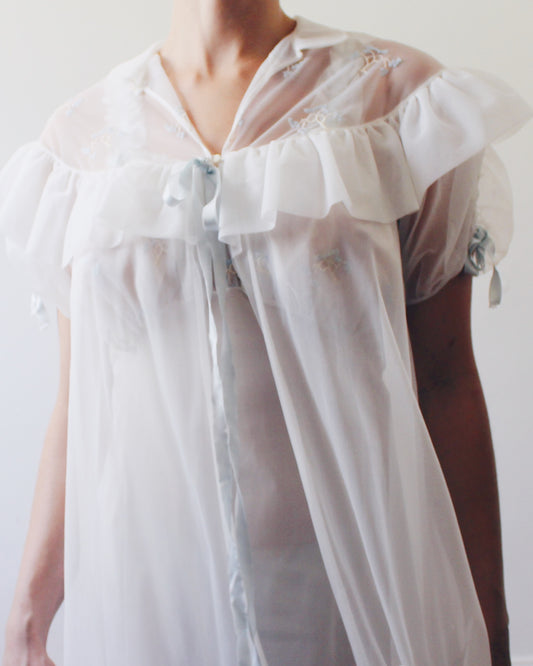 Vintage Pale Blue Sheer Slip Dress and Matching Bed Jacket Set | Coquette Bow Lingerie and Peignoir| 1950s 1960s Balletcore Pastel Nightgown