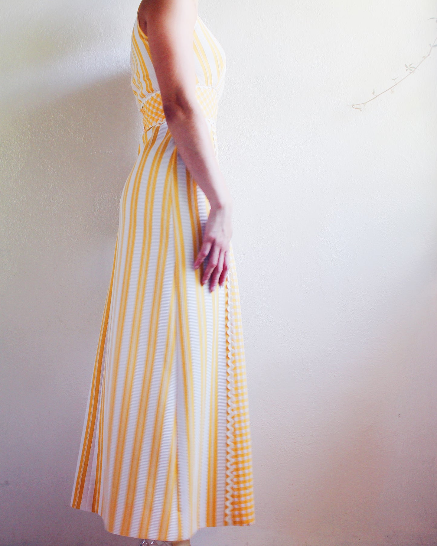 Vintage 1970s Ruth Norman Yellow and White Checked & Striped Long Dress - Americana Coquette Style | Perfect for Summer parties