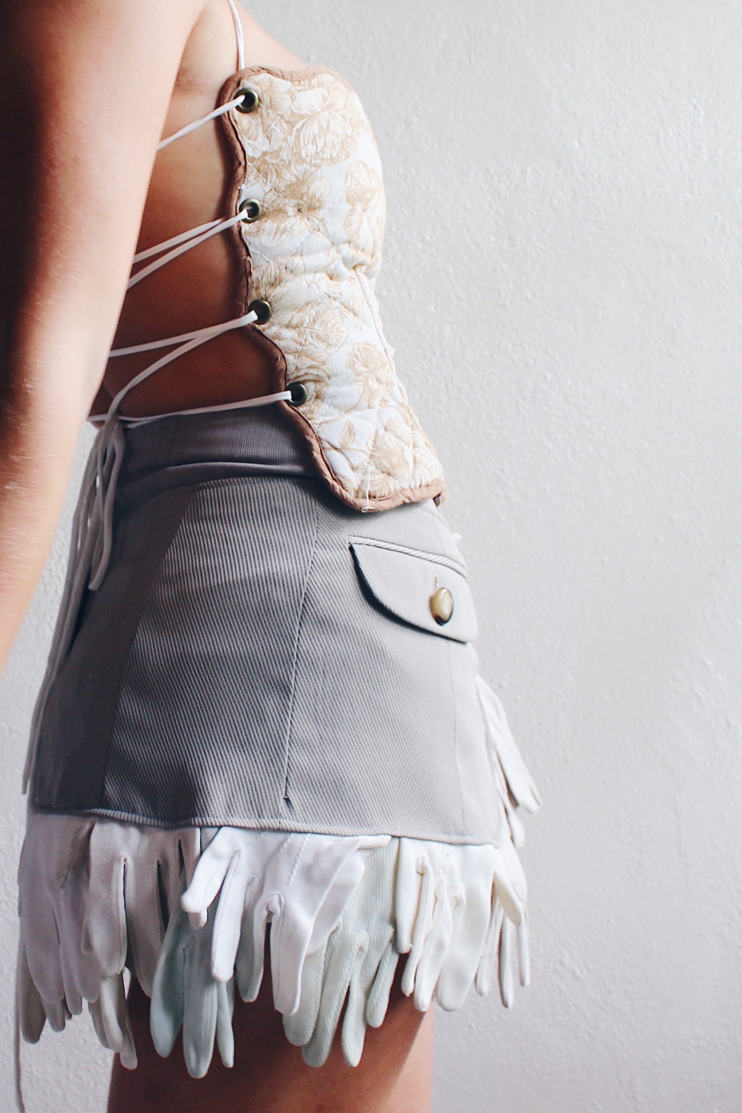 Upcycled quilted crop top / reworked vintage Placemat Tank / light blue cotton corset bib