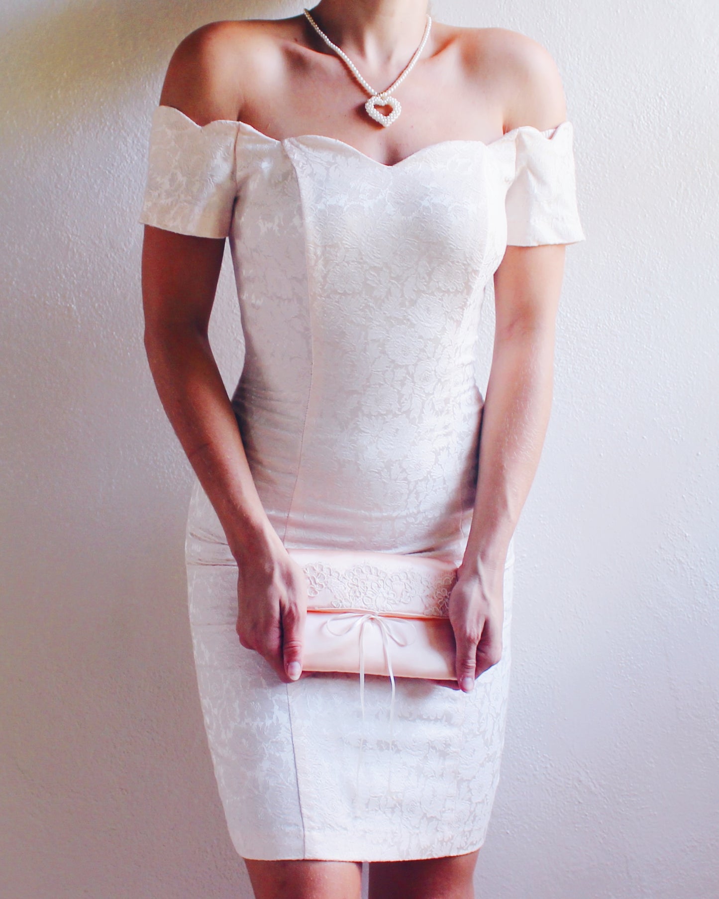Vintage 1980s Pearl Pink Off-Shoulder Bodycon Dress – Coquette Girly Party Look | Romantic Occasionwear