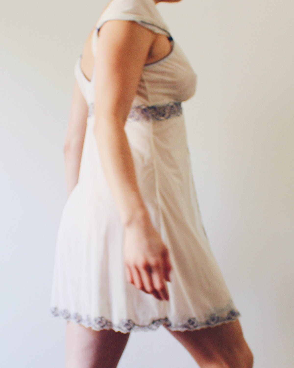 Y2K Cream Empire Waist Slip Dress with Violet Lace, Whimsygoth Soft Goth Style, Can Be Worn as Day Dress or Intimate Piece