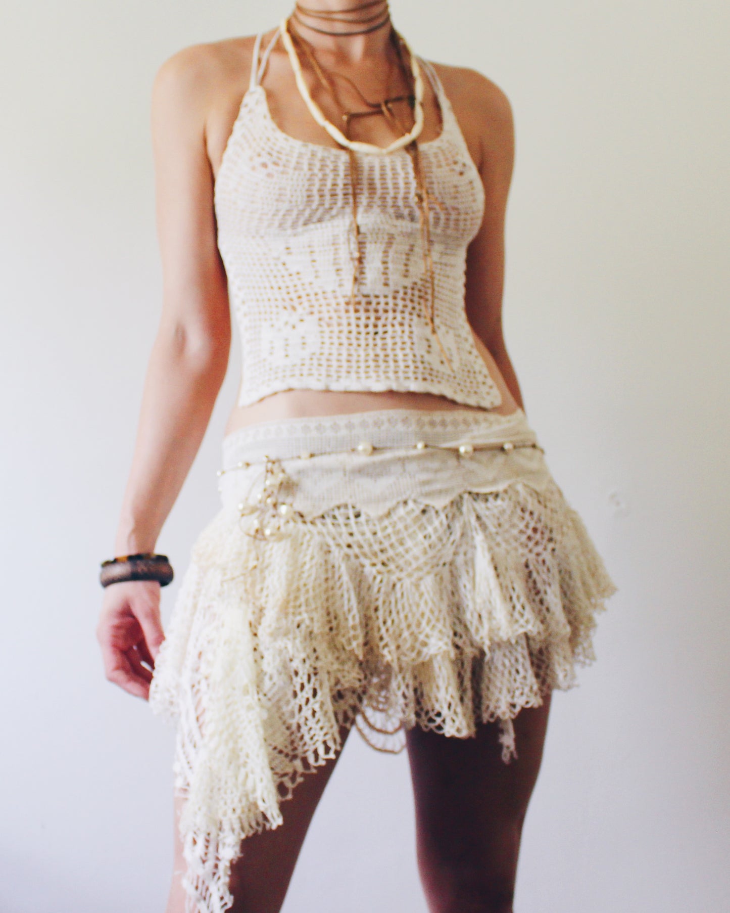 Upcycled Vintage Doily Mini Skirt | Drop Waist Y2K Boho Style | Handmade Eclectic Lace Skirt