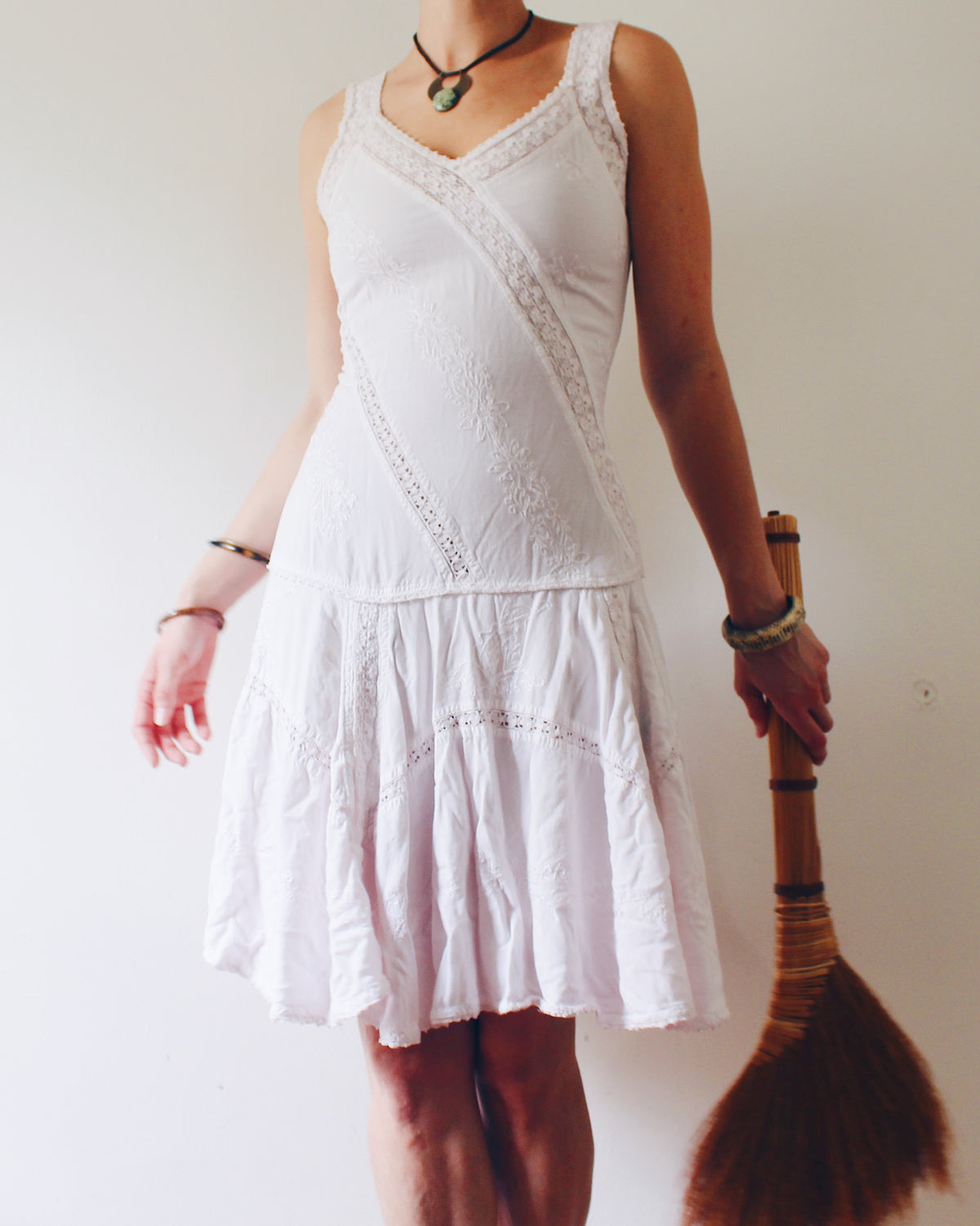 Vintage 90s Coline Whimsygoth Dress, Off White Cotton Floral Embroidered Lace Patchwork, Drop Waist Hippie Boho Dress