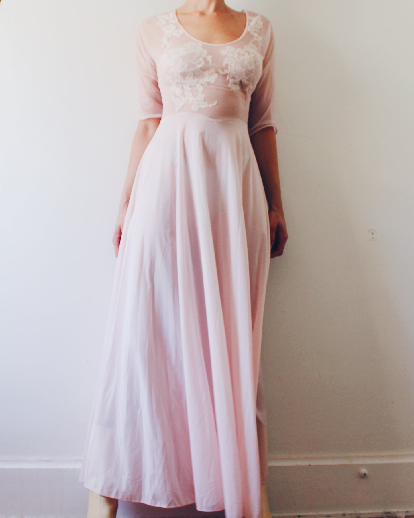 Vintage Vanity Fair Sheer Pink Nightgown S | 1950s Boudoir Lingerie Gown Embroidered Lace | A-Line Long Sheer Nightgown 3/4 Sleeve