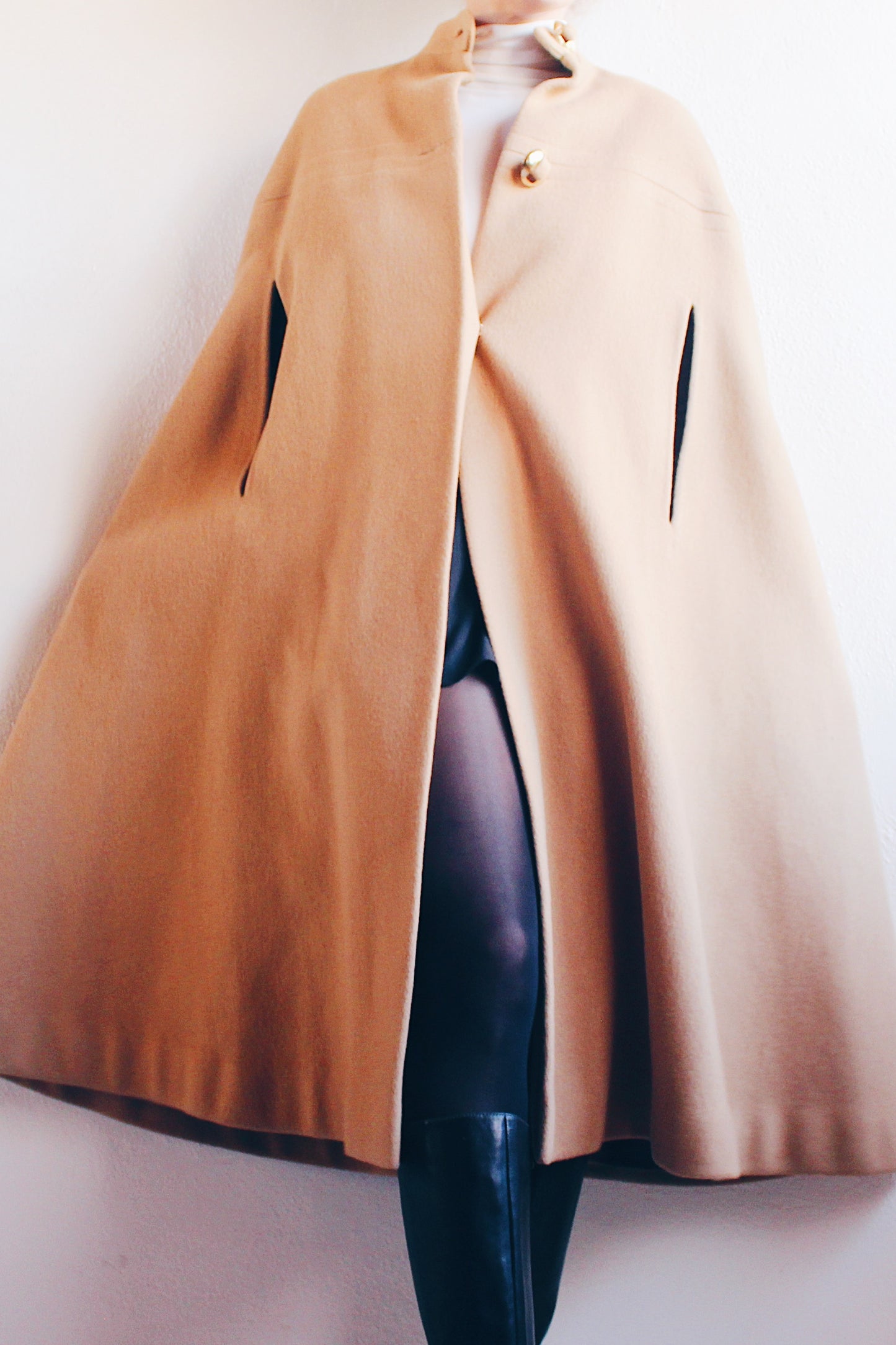 Timeless Chic: 1960s Wool Tan Cloak with Arm Slits - Vintage Elegance