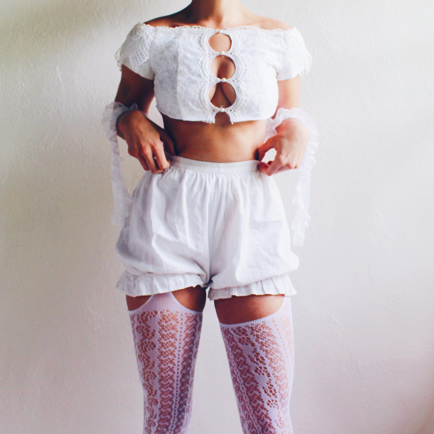 Reworked Vintage Bridal: Off the shoulder Lace Coquette cropped top / McClintock upcycled reversible reimagined dress