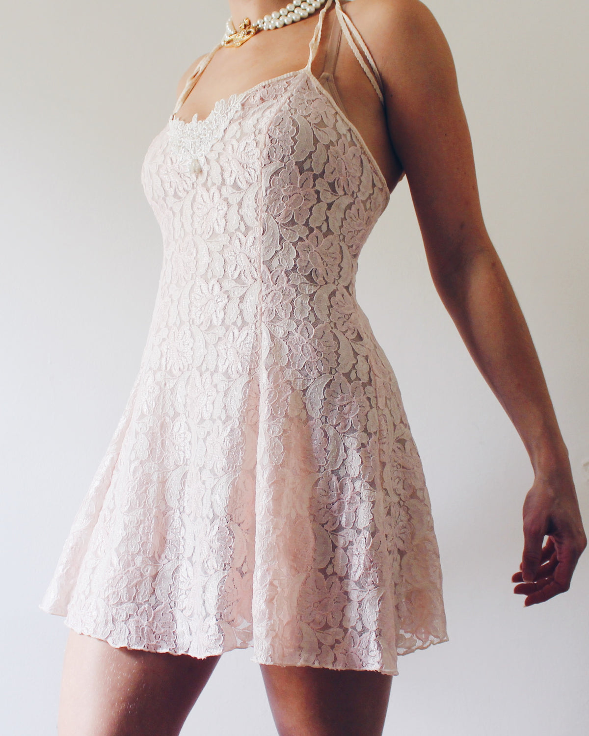 Soft Pink Lace Coquette Slip with Pearl Bead Lace Bust Adornment, Romantic Intimate Slip Dress, Flattering Coquette Lingerie